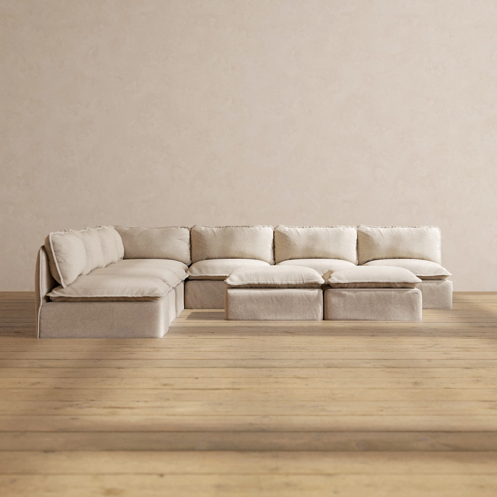 Modular Performance 7-Seater Open-Ends Corner Sectional   Bench Ottoman in Oat | Deluxe Blend