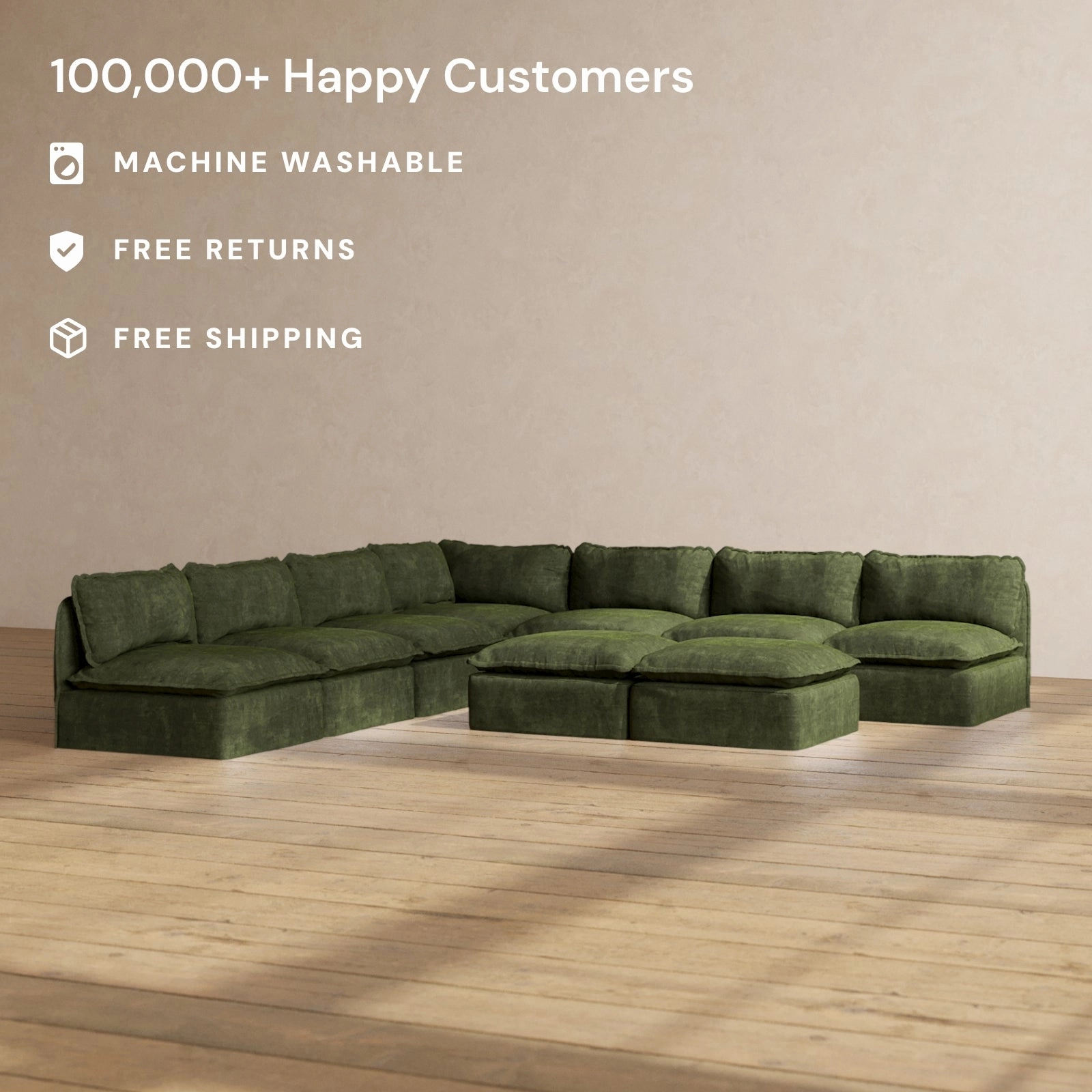 Modular Performance 7-Seater Open-Ends Corner Sectional   Bench Ottoman in Olive | Deluxe Blend