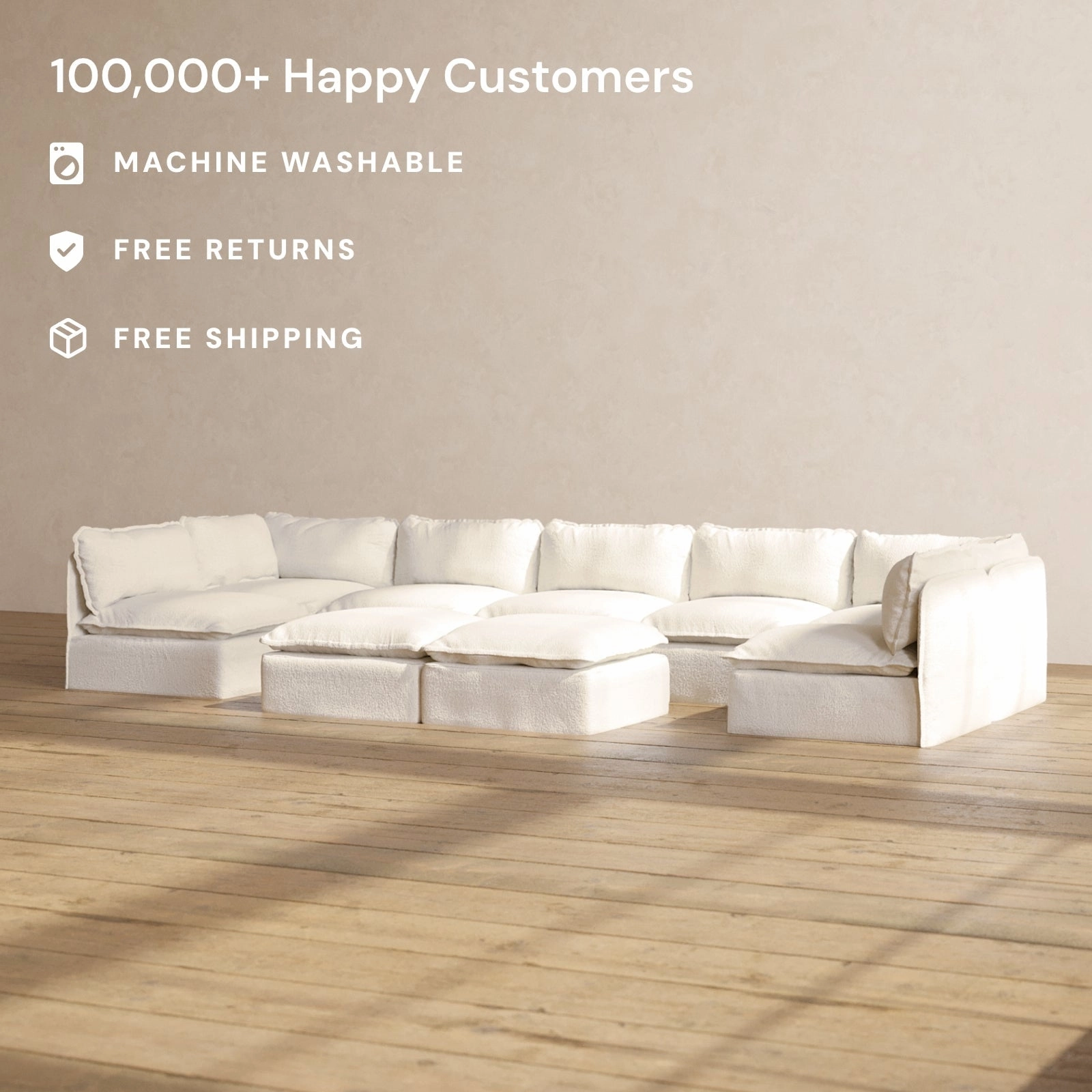 Modular Performance 7-Seater Open-Ends U-Sectional   Bench Ottoman in Mousse | Deluxe Blend