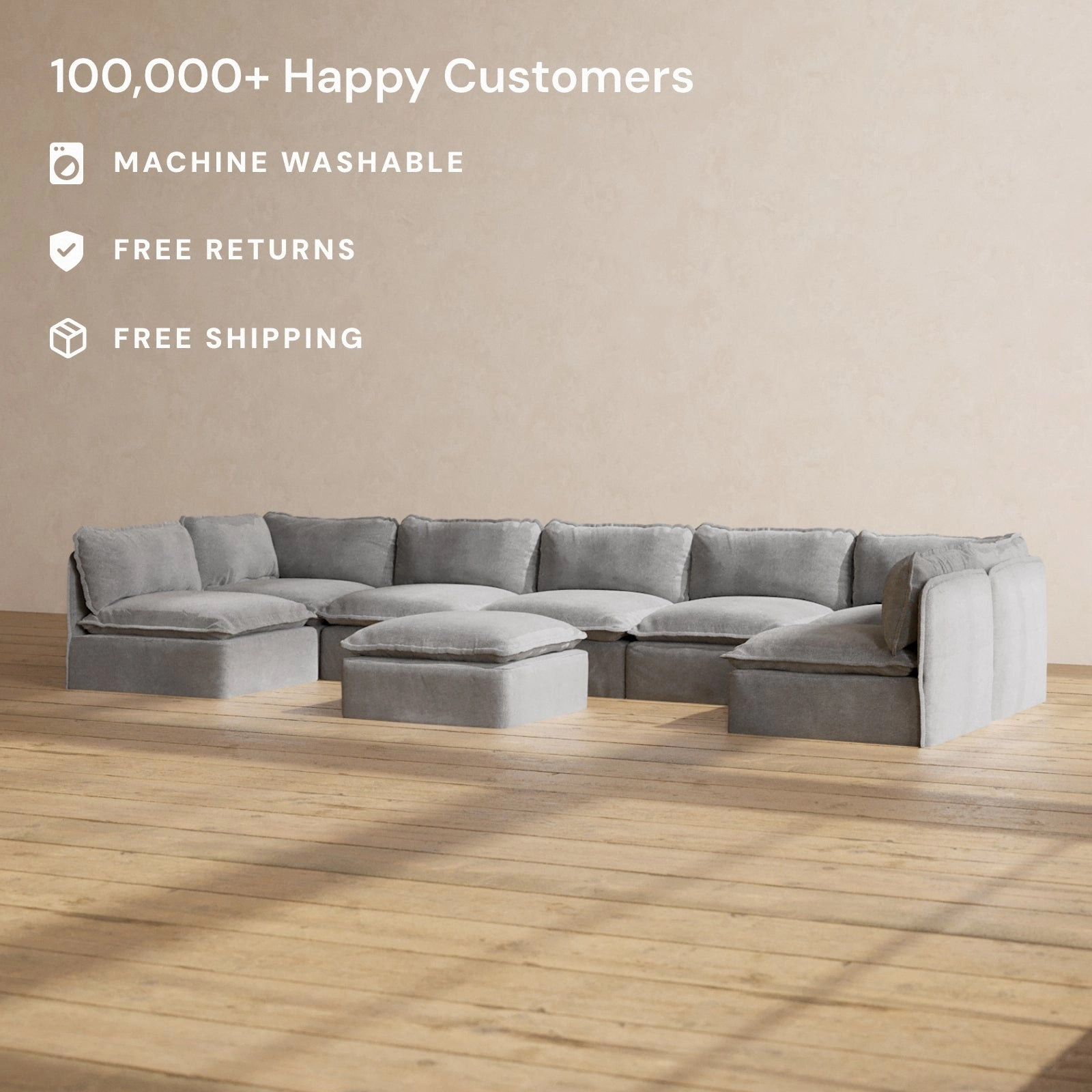Modular Performance 7-Seater Open-Ends U-Sectional   Ottoman in Ash | Relaxed Blend