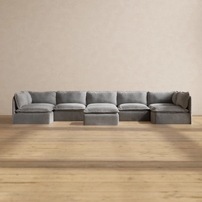 Modular Performance 7-Seater Open-Ends U-Sectional   Ottoman in Ash | Relaxed Blend