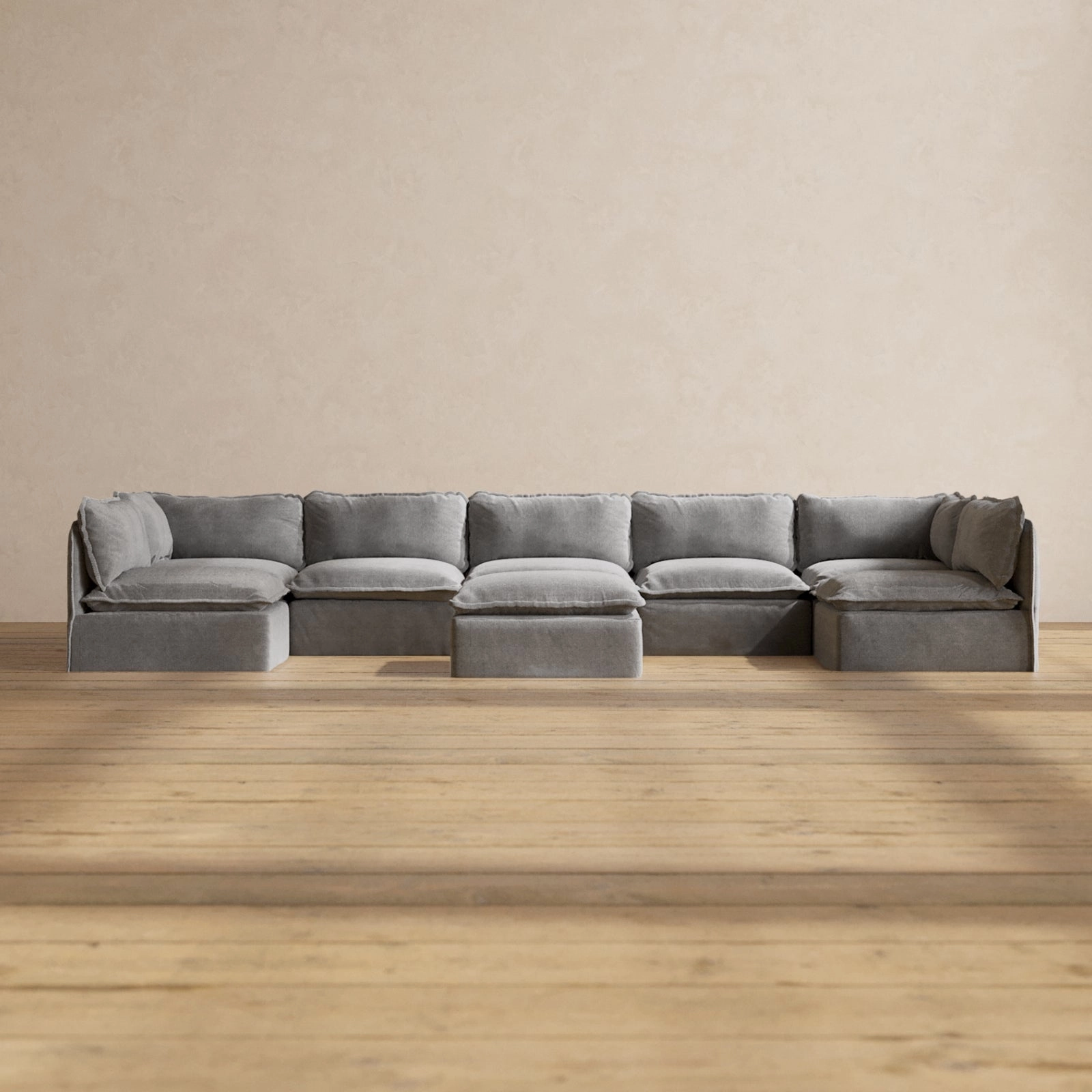 Modular Performance 7-Seater Open-Ends U-Sectional   Ottoman in Ash | Relaxed Blend