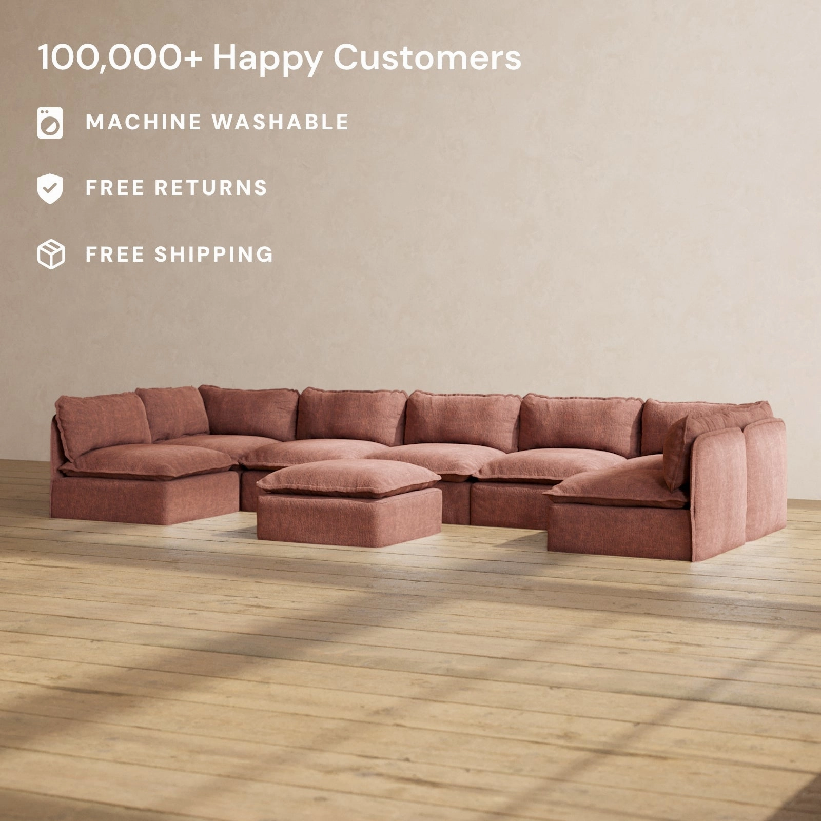 Modular Performance 7-Seater Open-Ends U-Sectional   Ottoman in Chestnut | Relaxed Blend