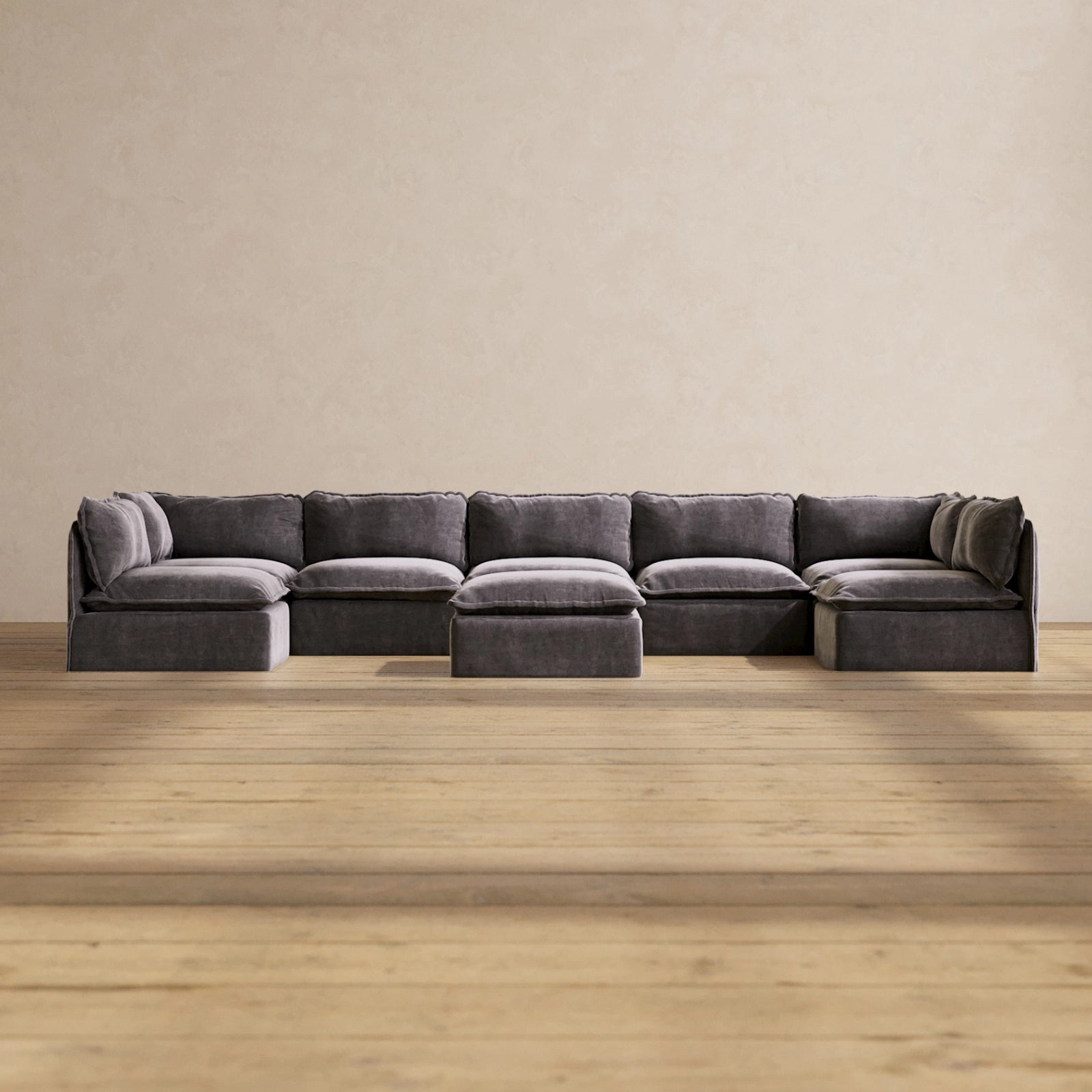 Modular Performance 7-Seater Open-Ends U-Sectional   Ottoman in Cinder | Deluxe Blend