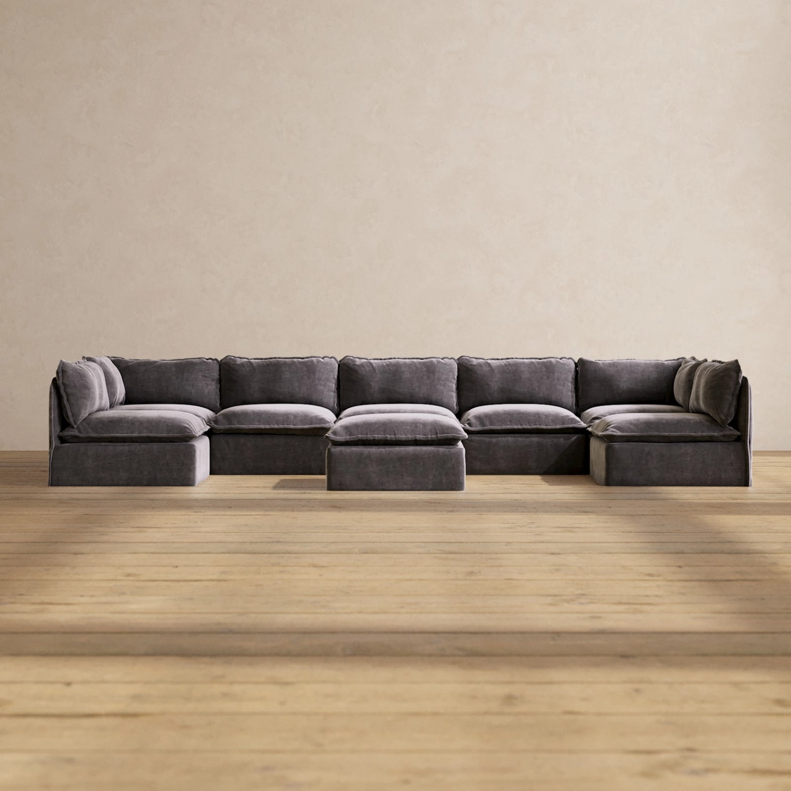 Modular Performance 7-Seater Open-Ends U-Sectional   Ottoman in Cinder | Deluxe Blend