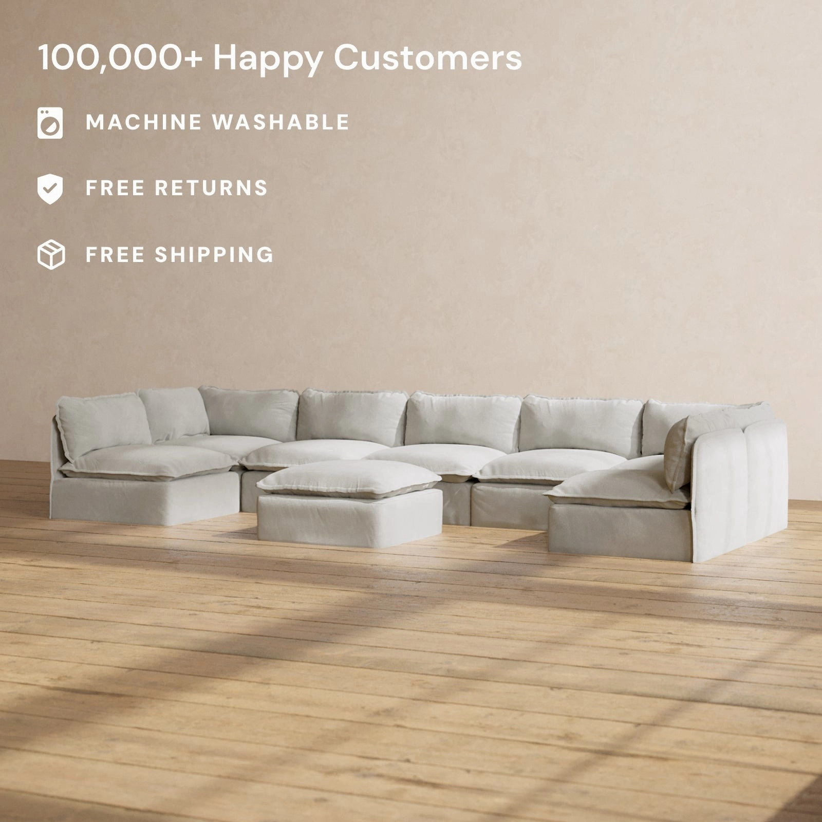 Modular Performance 7-Seater Open-Ends U-Sectional   Ottoman in Cloud | Deluxe Blend