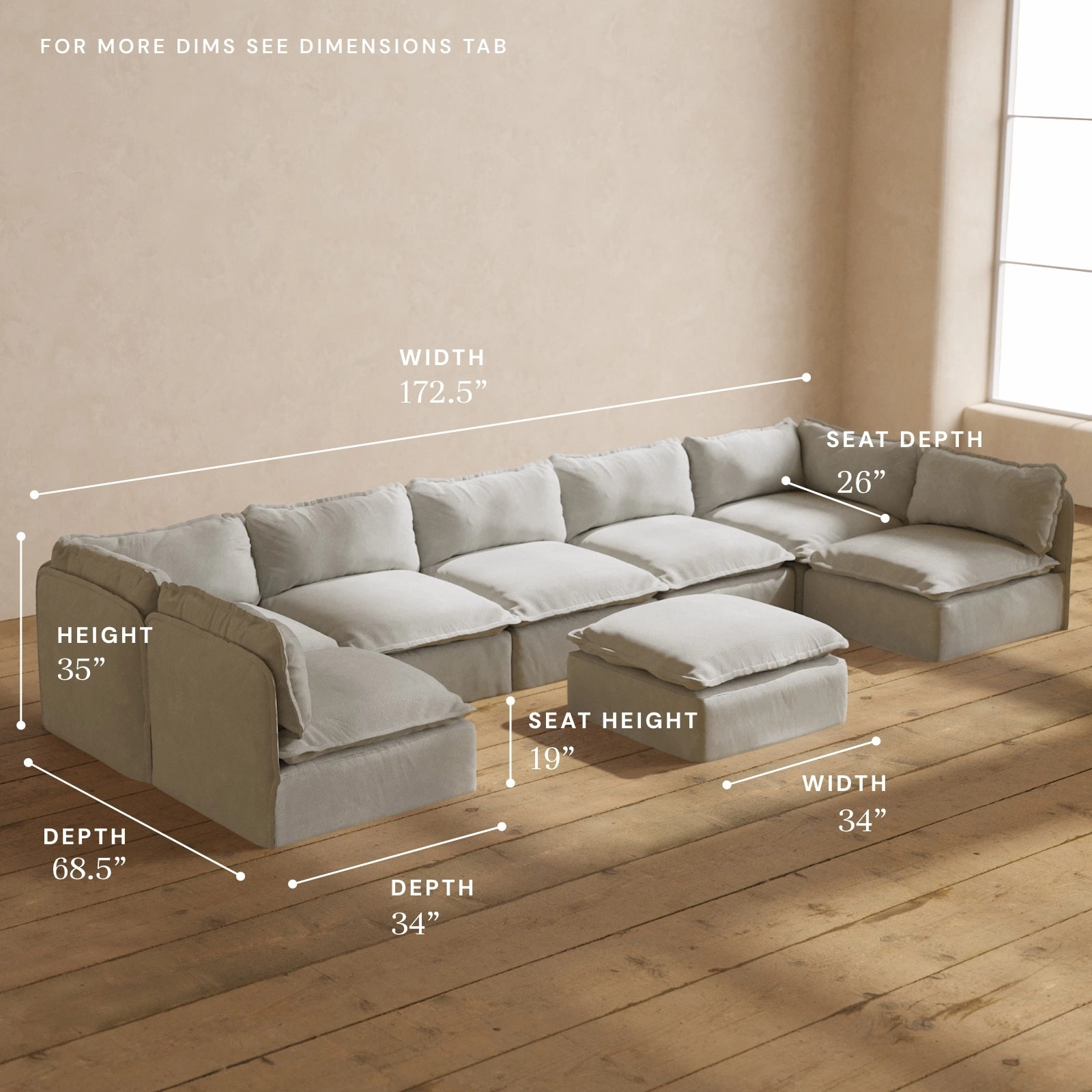 Modular Performance 7-Seater Open-Ends U-Sectional   Ottoman in Cloud | Deluxe Blend