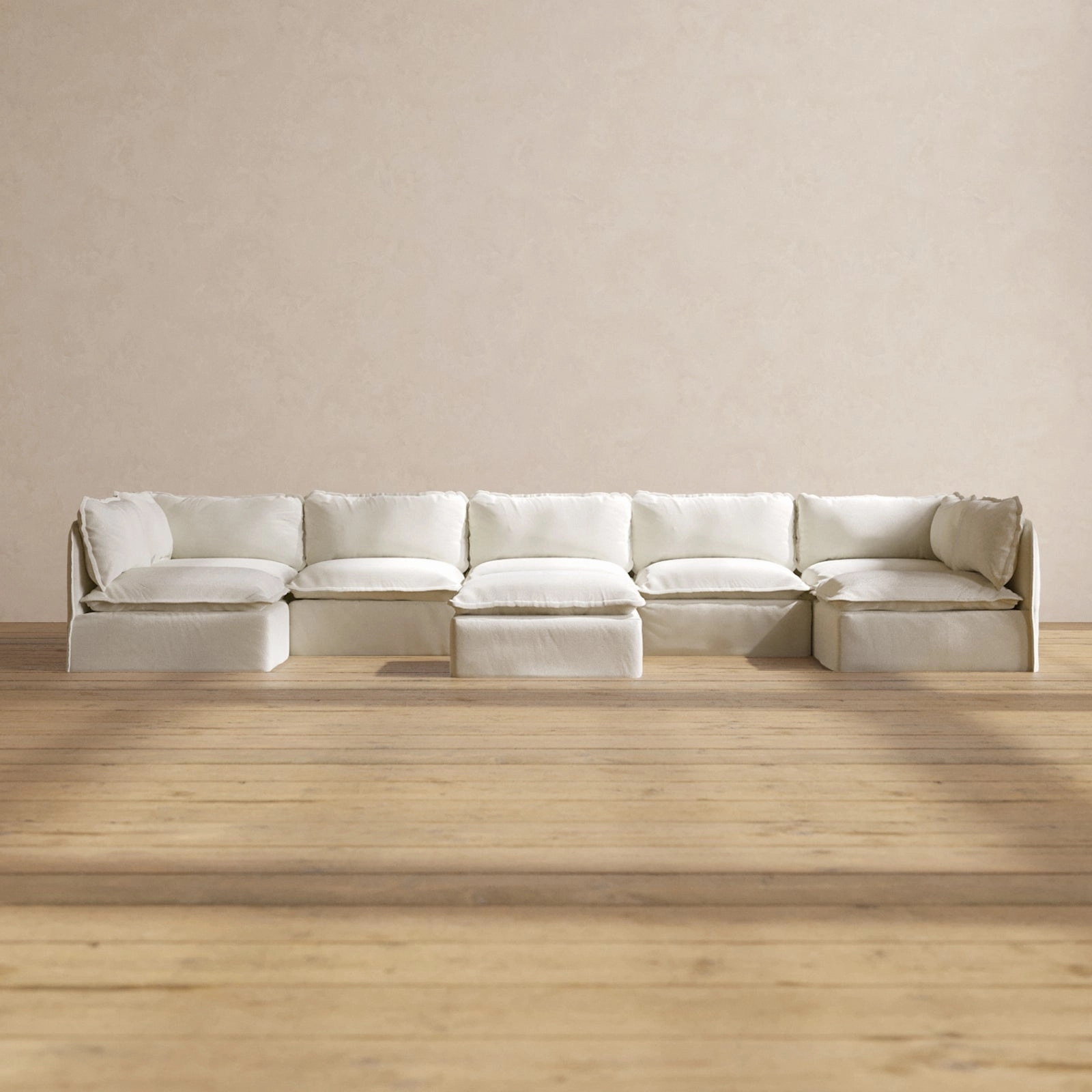 Modular Performance 7-Seater Open-Ends U-Sectional   Ottoman in Eggshell | Relaxed Blend