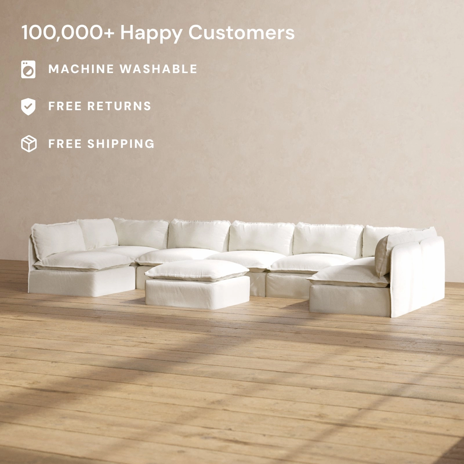 Modular Performance 7-Seater Open-Ends U-Sectional   Ottoman in Eggshell | Relaxed Blend