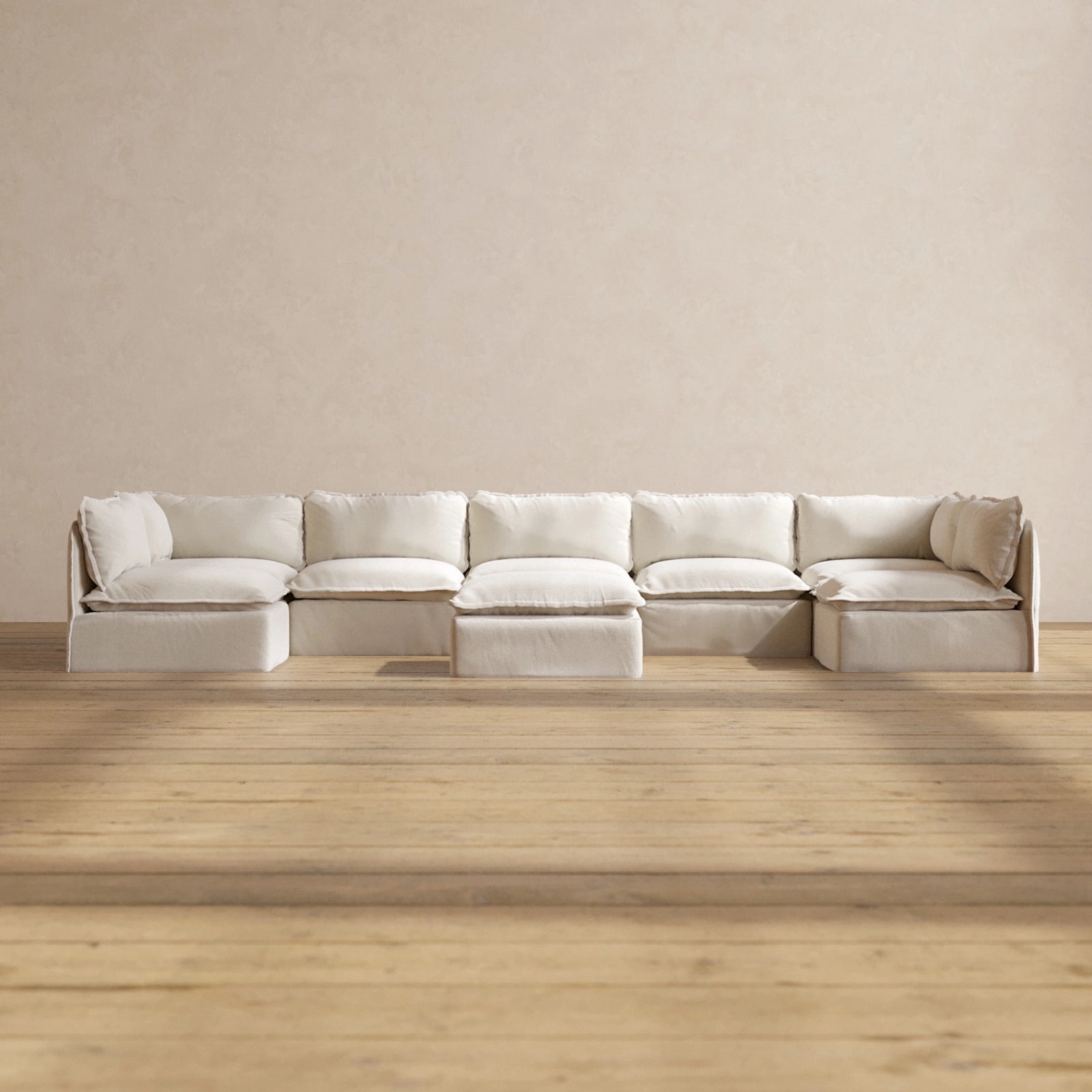 Modular Performance 7-Seater Open-Ends U-Sectional   Ottoman in Flour | Deluxe Blend