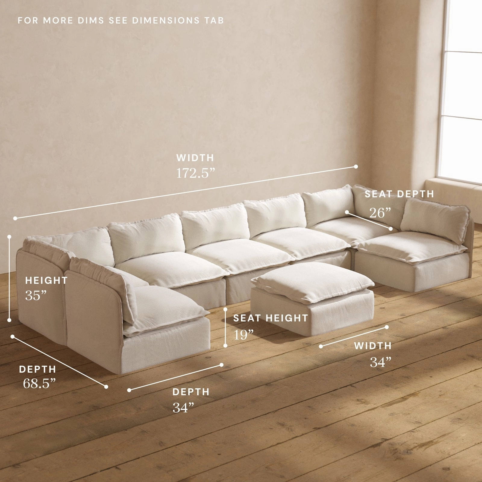 Modular Performance 7-Seater Open-Ends U-Sectional   Ottoman in Flour | Deluxe Blend