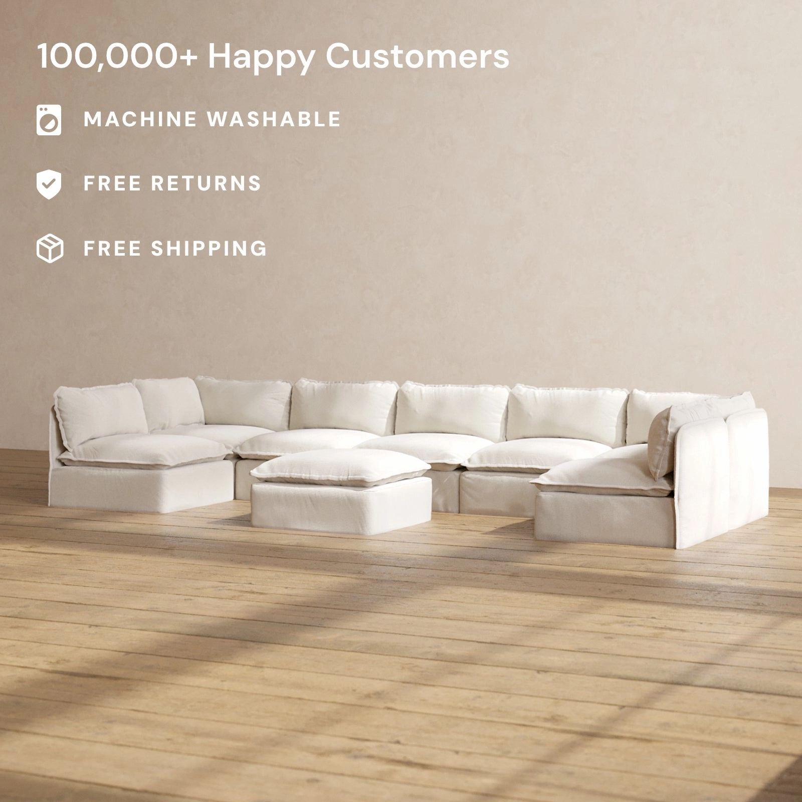Modular Performance 7-Seater Open-Ends U-Sectional   Ottoman in Flour | Relaxed Blend