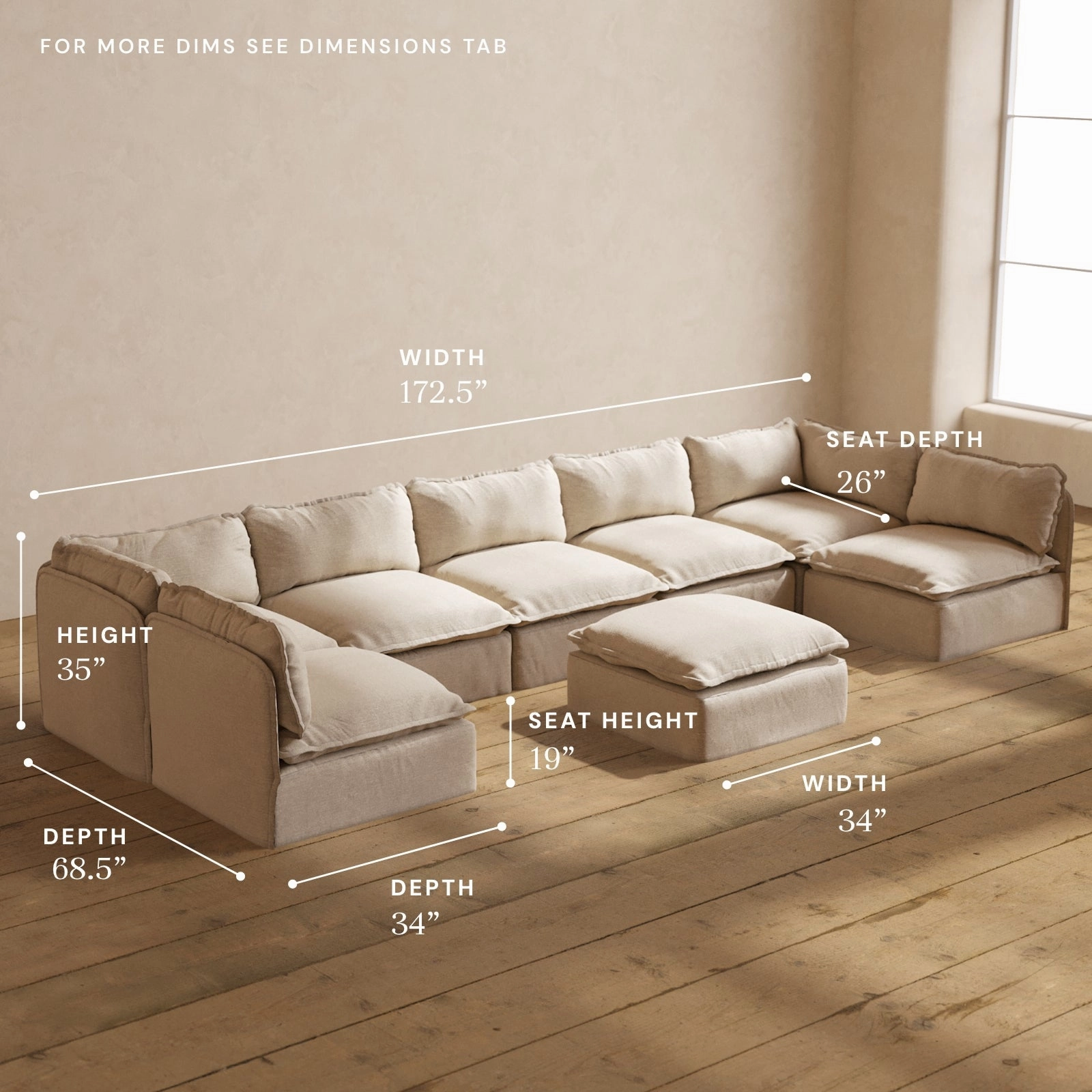 Modular Performance 7-Seater Open-Ends U-Sectional   Ottoman in Oat | Relaxed Blend