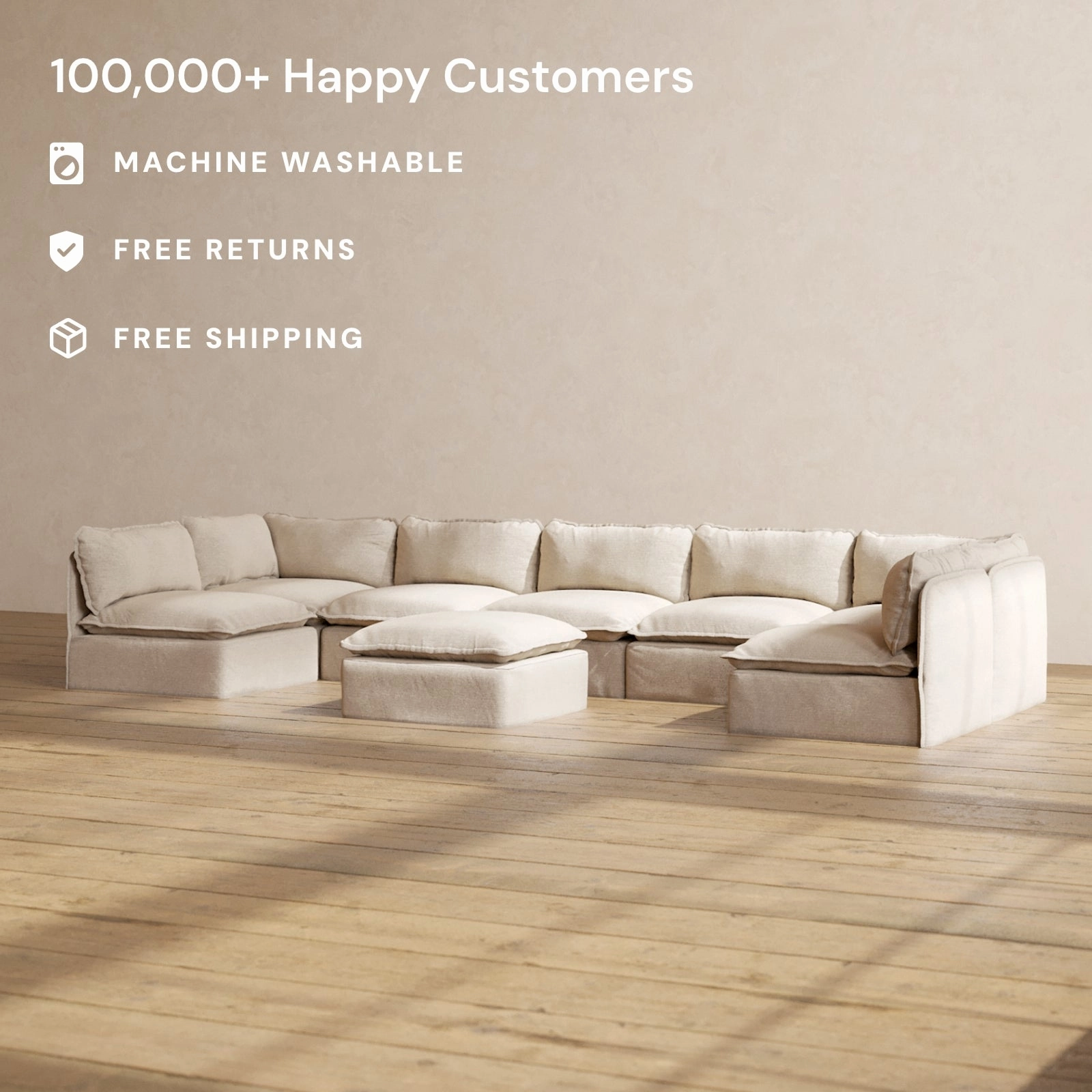 Modular Performance 7-Seater Open-Ends U-Sectional   Ottoman in Oat | Relaxed Blend