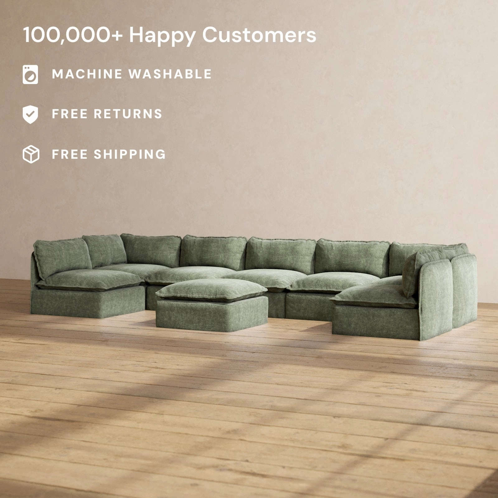 Modular Performance 7-Seater Open-Ends U-Sectional   Ottoman in Willow | Deluxe Blend