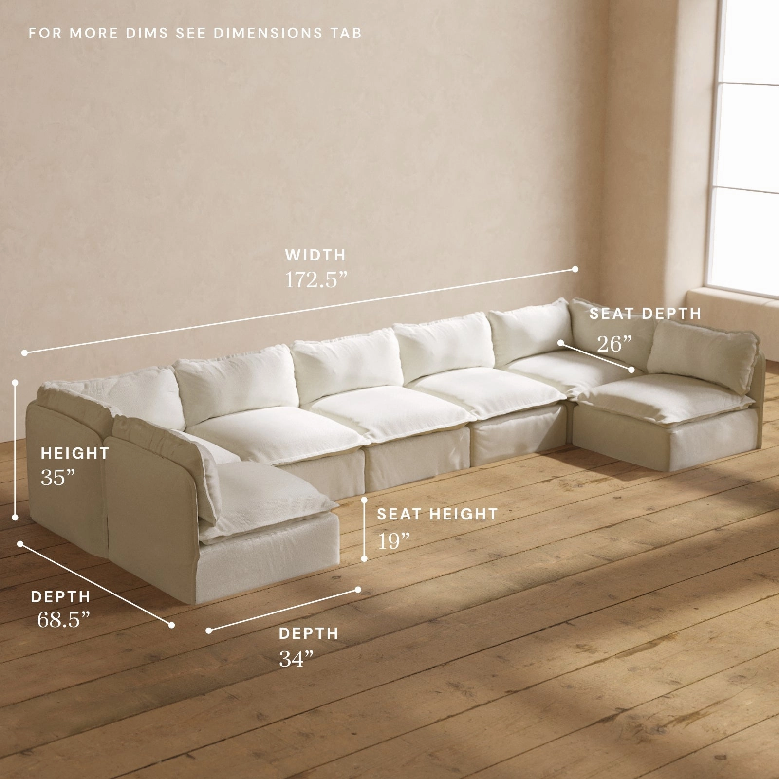 Modular Performance 7-Seater Open-Ends U-Sectional in Eggshell | Relaxed Blend