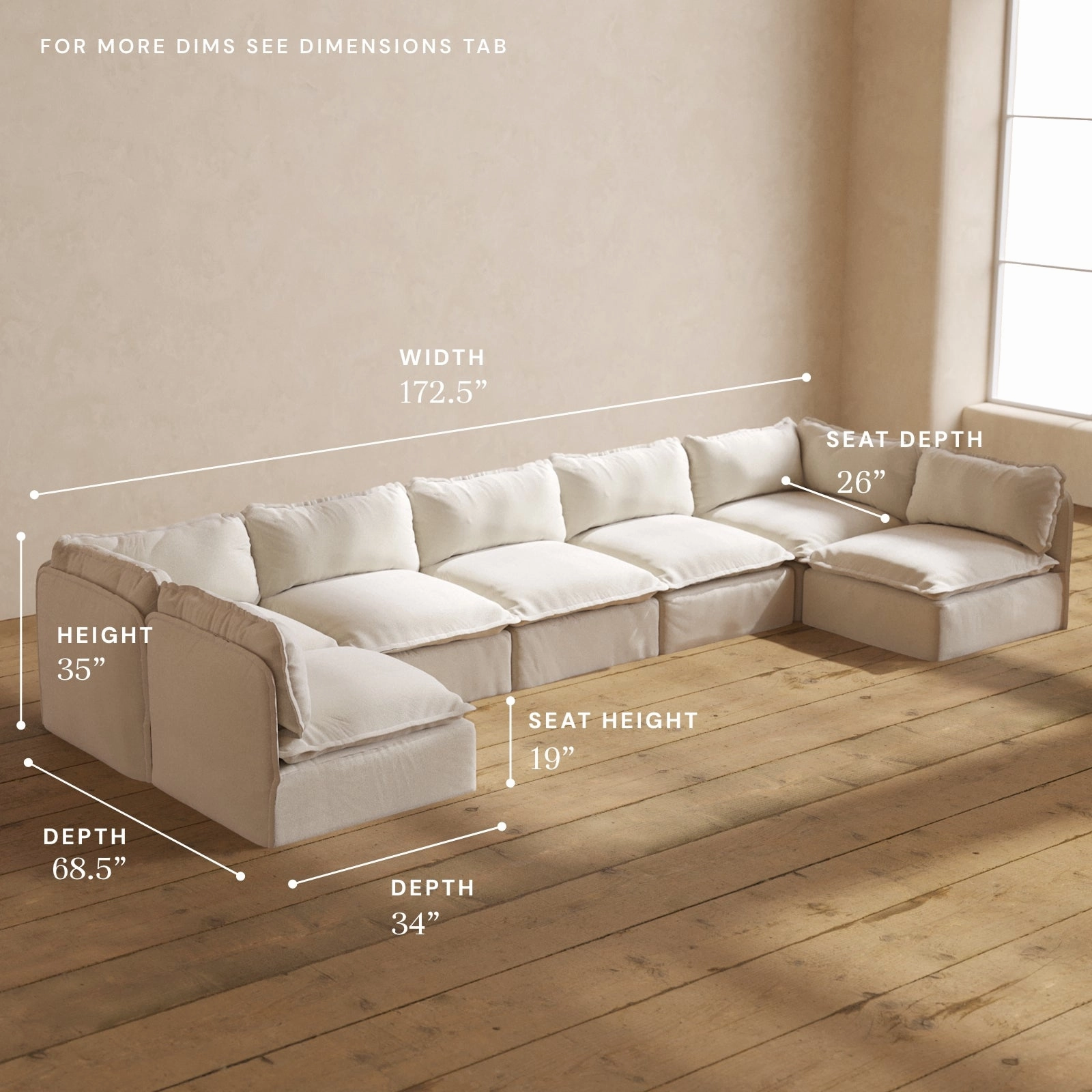 Modular Performance 7-Seater Open-Ends U-Sectional in Flour | Relaxed Blend
