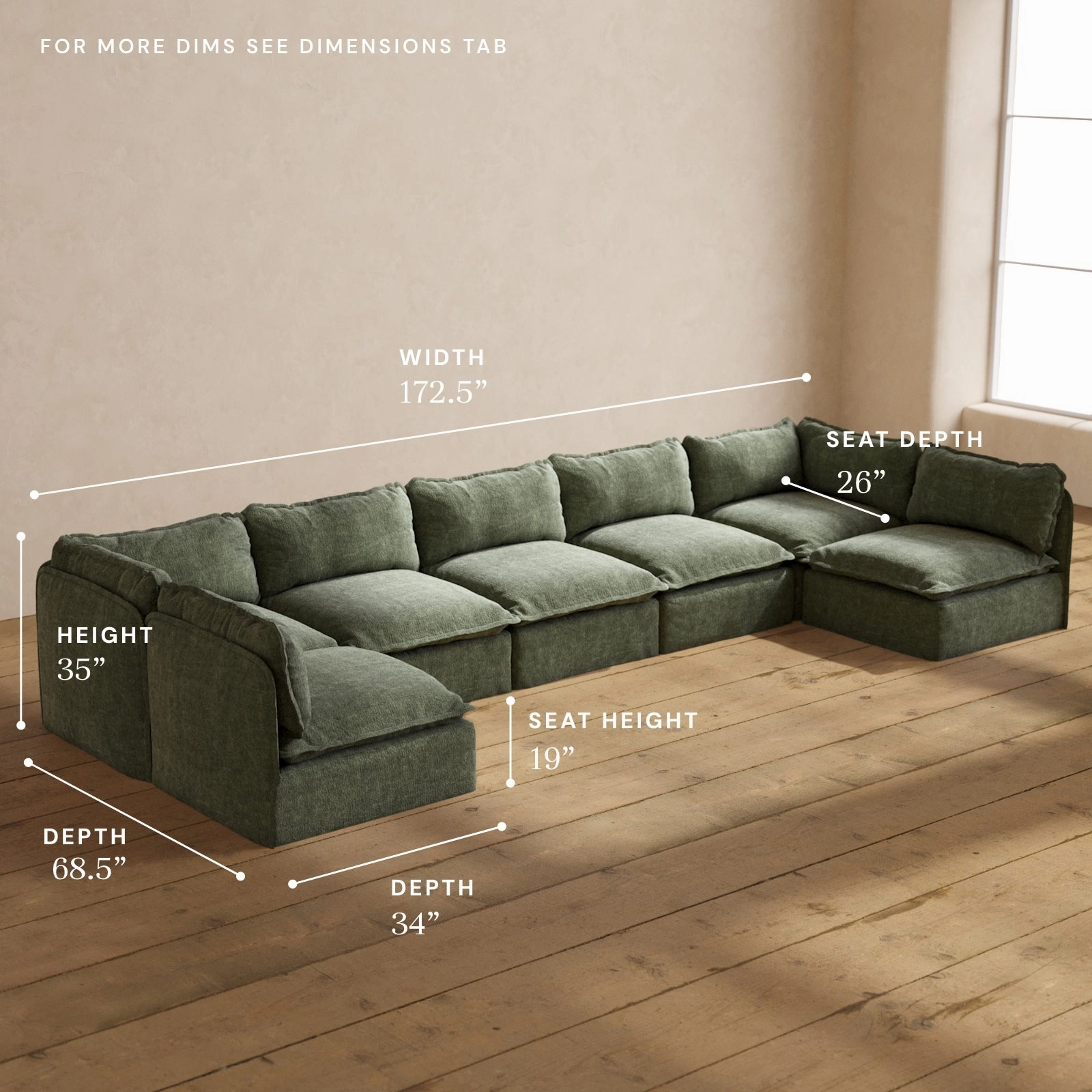 Modular Performance 7-Seater Open-Ends U-Sectional in Willow | Relaxed Blend