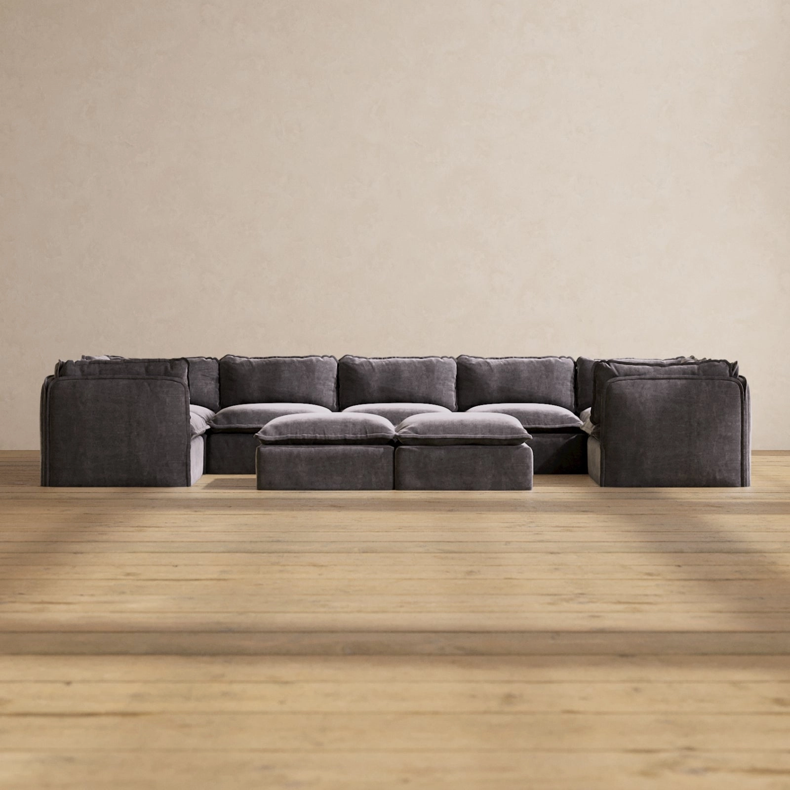Modular Performance 7-Seater U-Sectional   Bench Ottoman in Cinder | Relaxed Blend