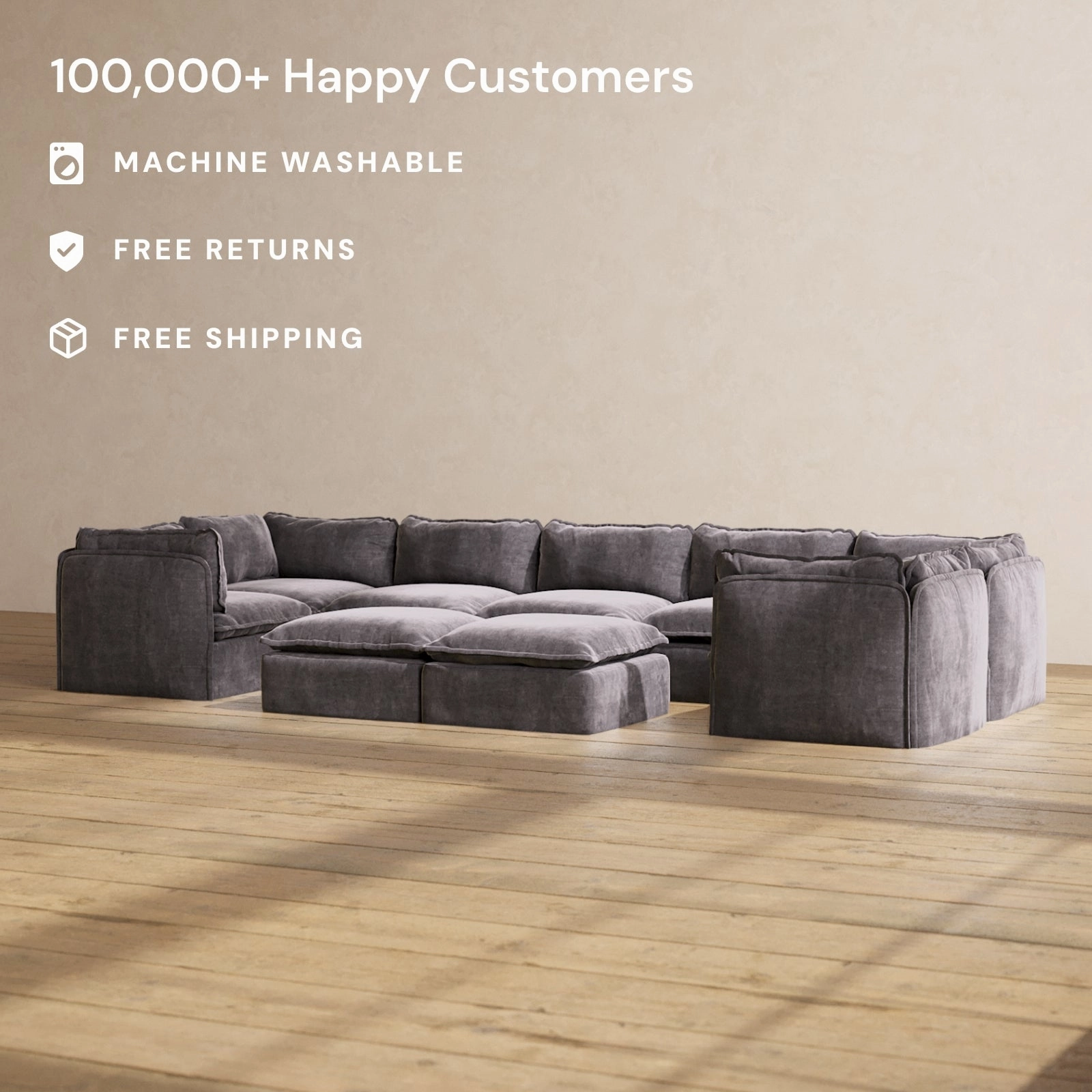 Modular Performance 7-Seater U-Sectional   Bench Ottoman in Cinder | Relaxed Blend