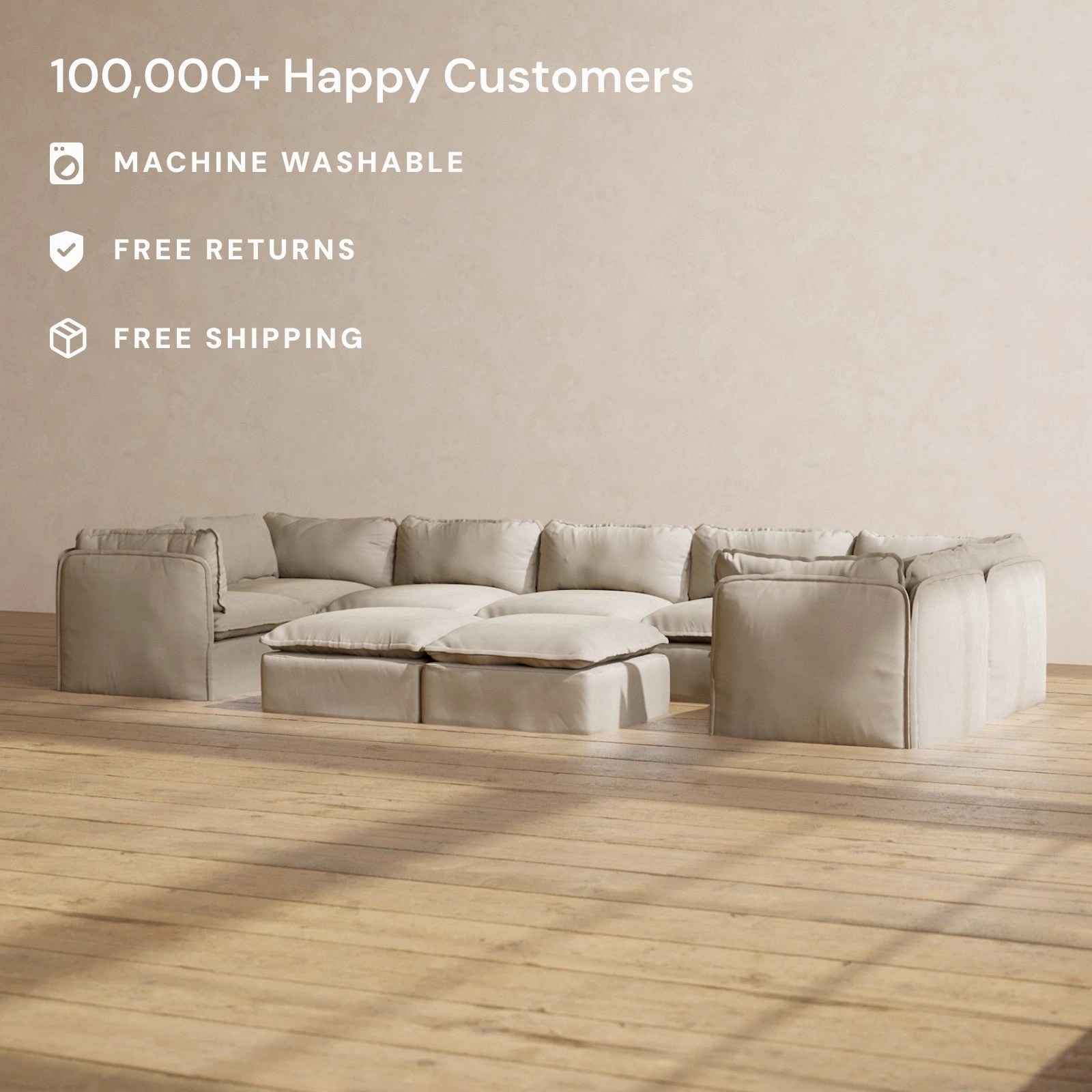 Modular Performance 7-Seater U-Sectional   Bench Ottoman in Dune | Relaxed Blend