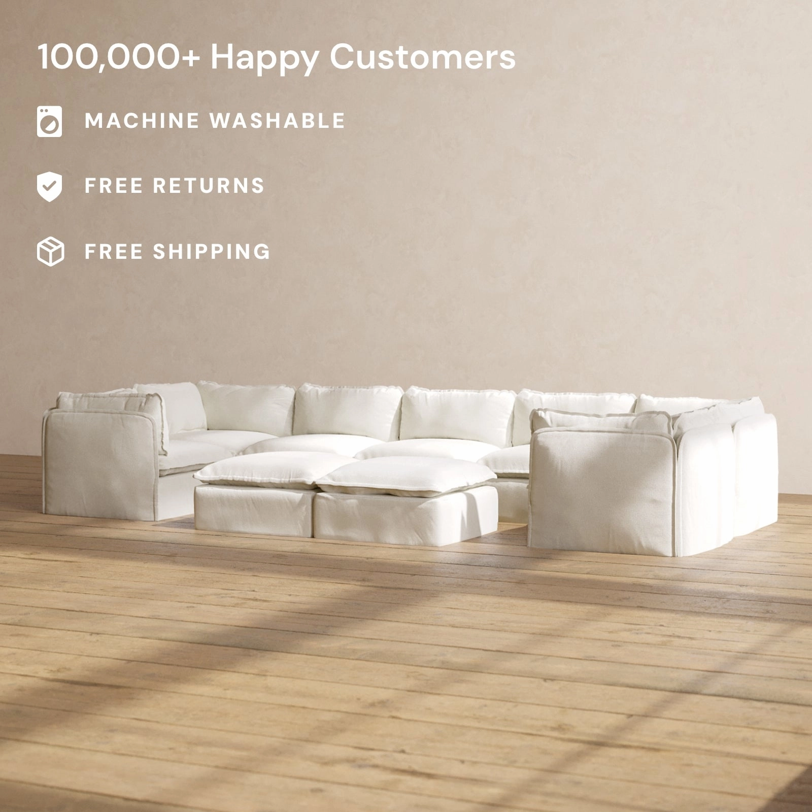 Modular Performance 7-Seater U-Sectional   Bench Ottoman in Eggshell | Relaxed Blend