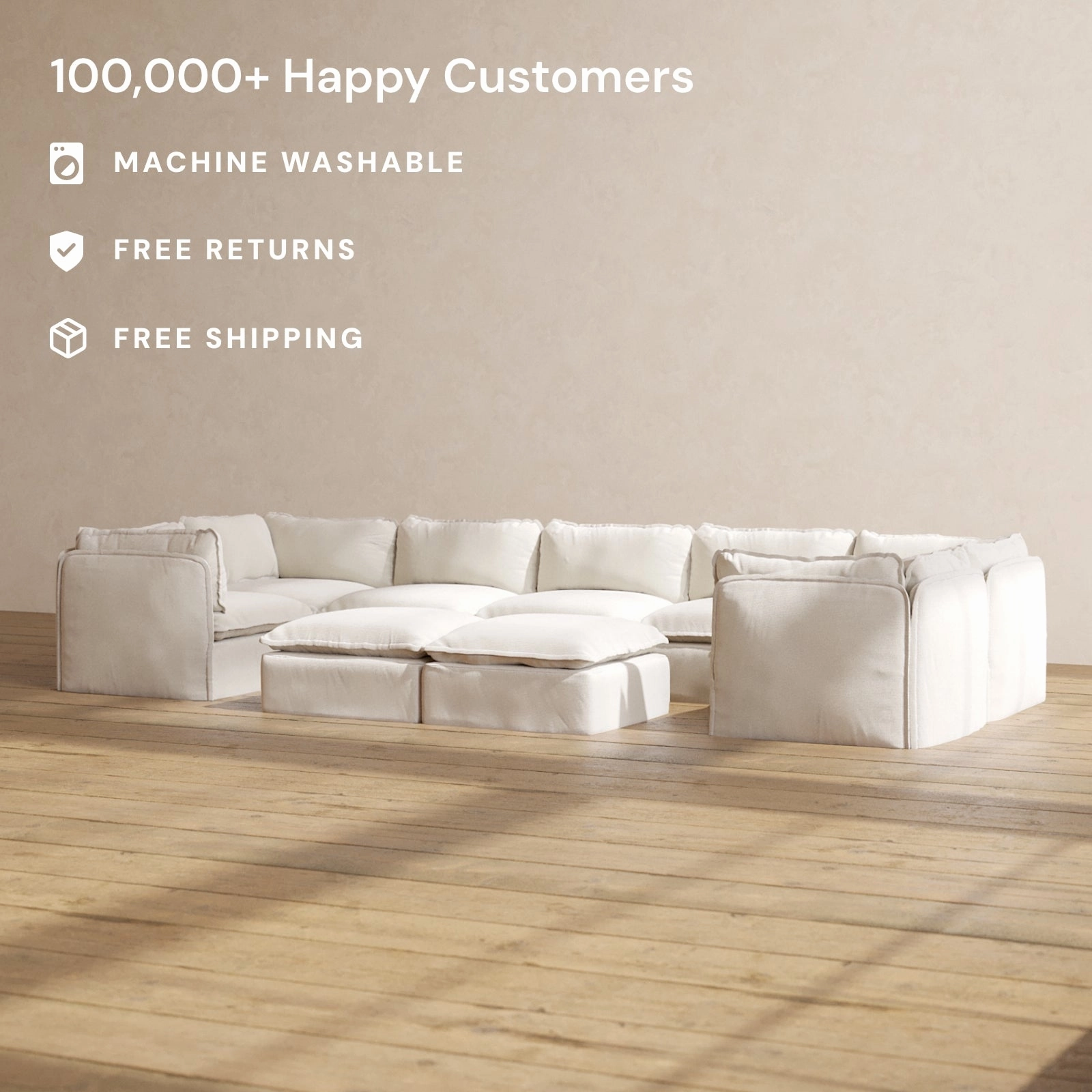 Modular Performance 7-Seater U-Sectional   Bench Ottoman in Flour | Deluxe Blend