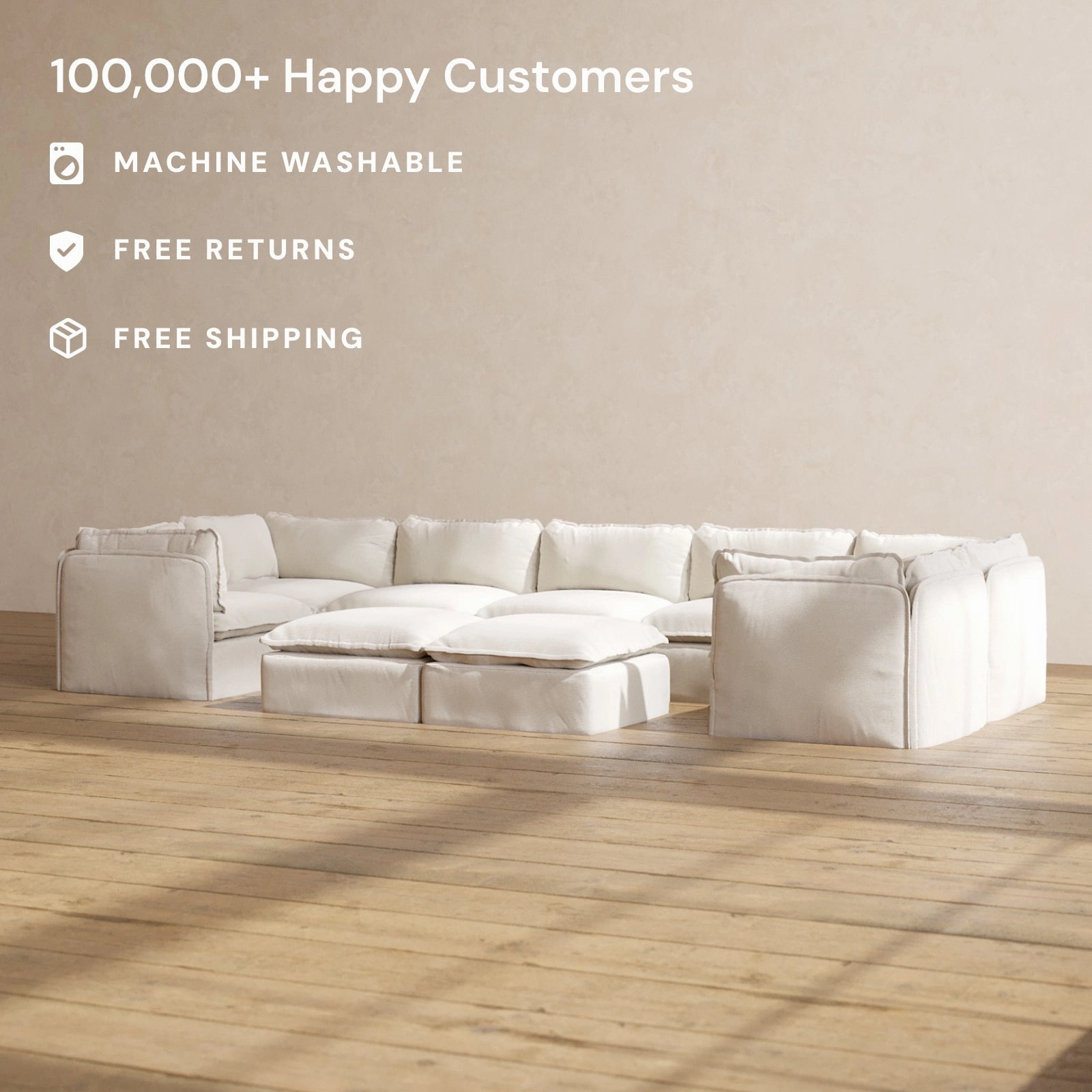Modular Performance 7-Seater U-Sectional   Bench Ottoman in Flour | Relaxed Blend
