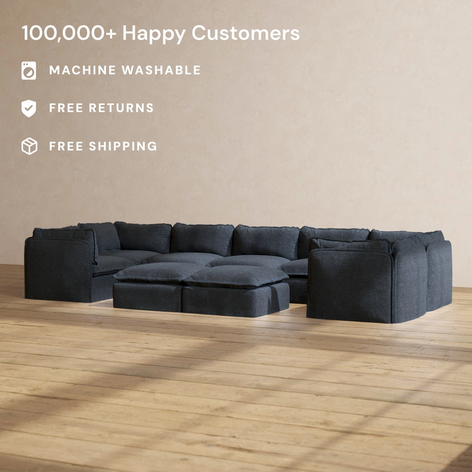 Modular Performance 7-Seater U-Sectional   Bench Ottoman in Indigo | Deluxe Blend