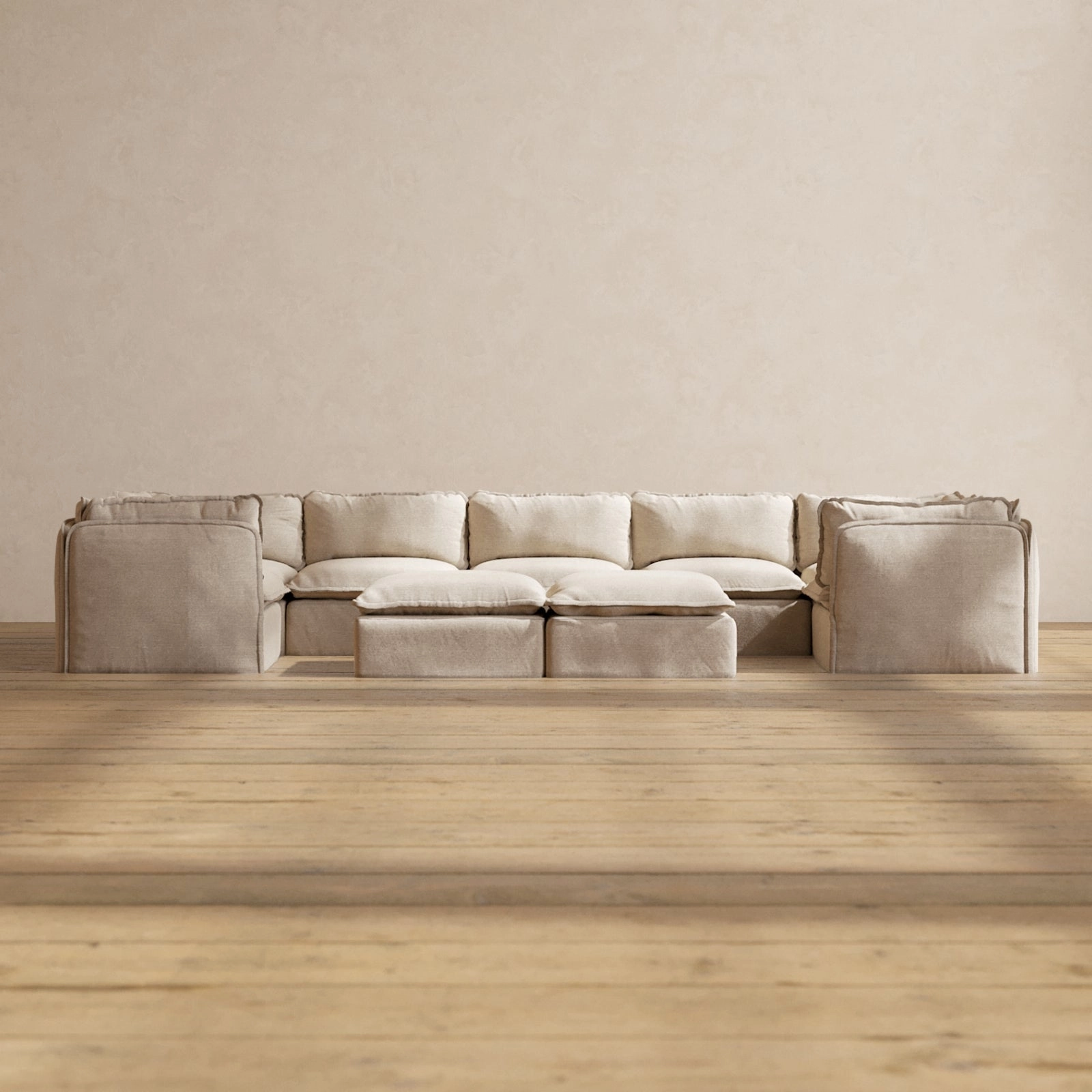 Modular Performance 7-Seater U-Sectional   Bench Ottoman in Oat | Deluxe Blend