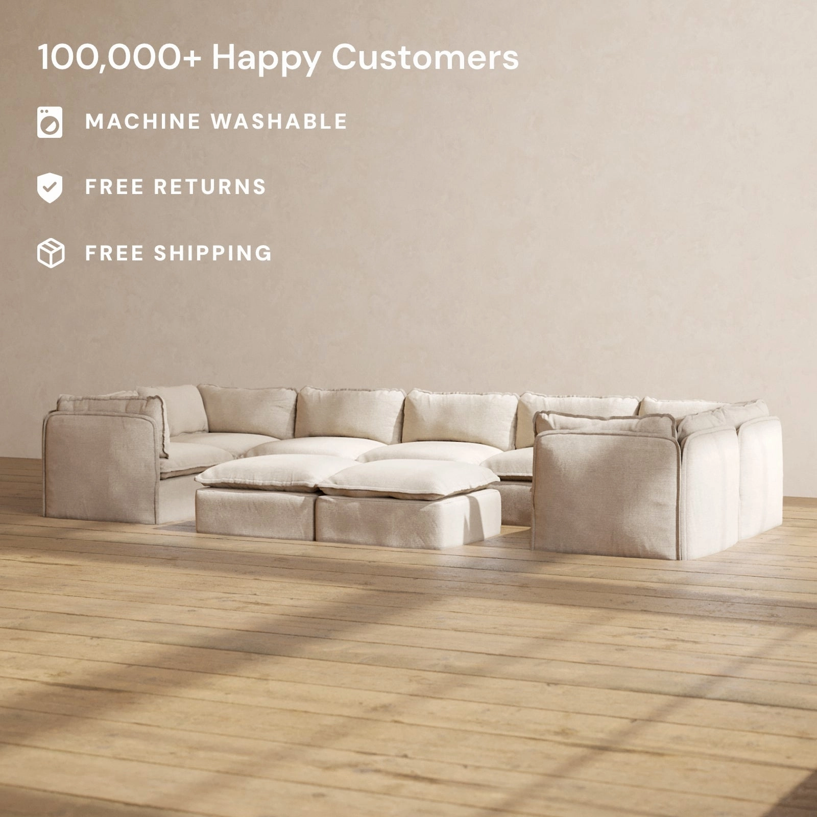 Modular Performance 7-Seater U-Sectional   Bench Ottoman in Oat | Deluxe Blend