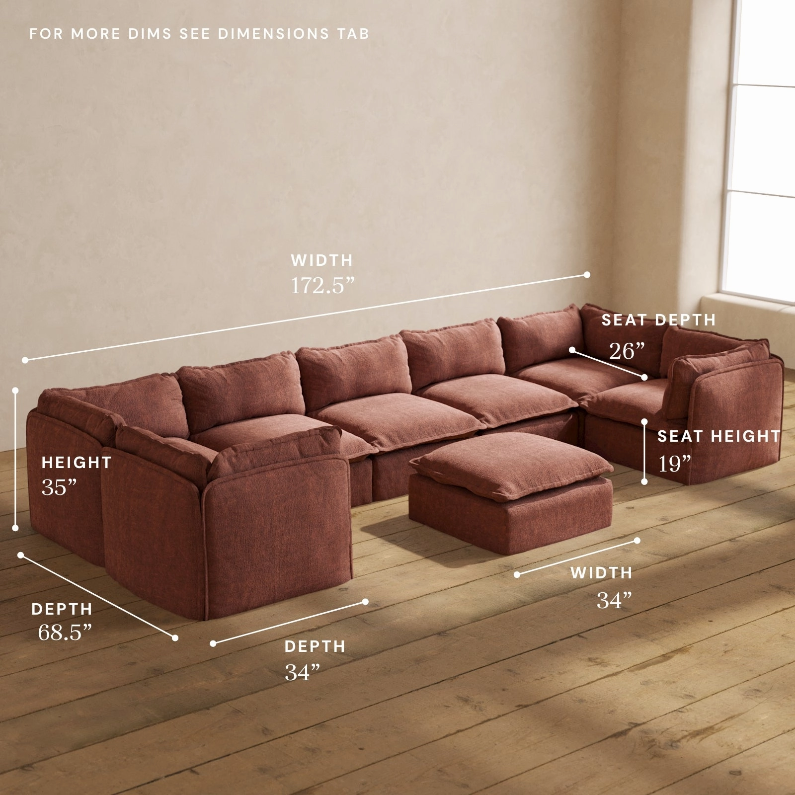 Modular Performance 7-Seater U-Sectional   Ottoman in Chestnut | Relaxed Blend