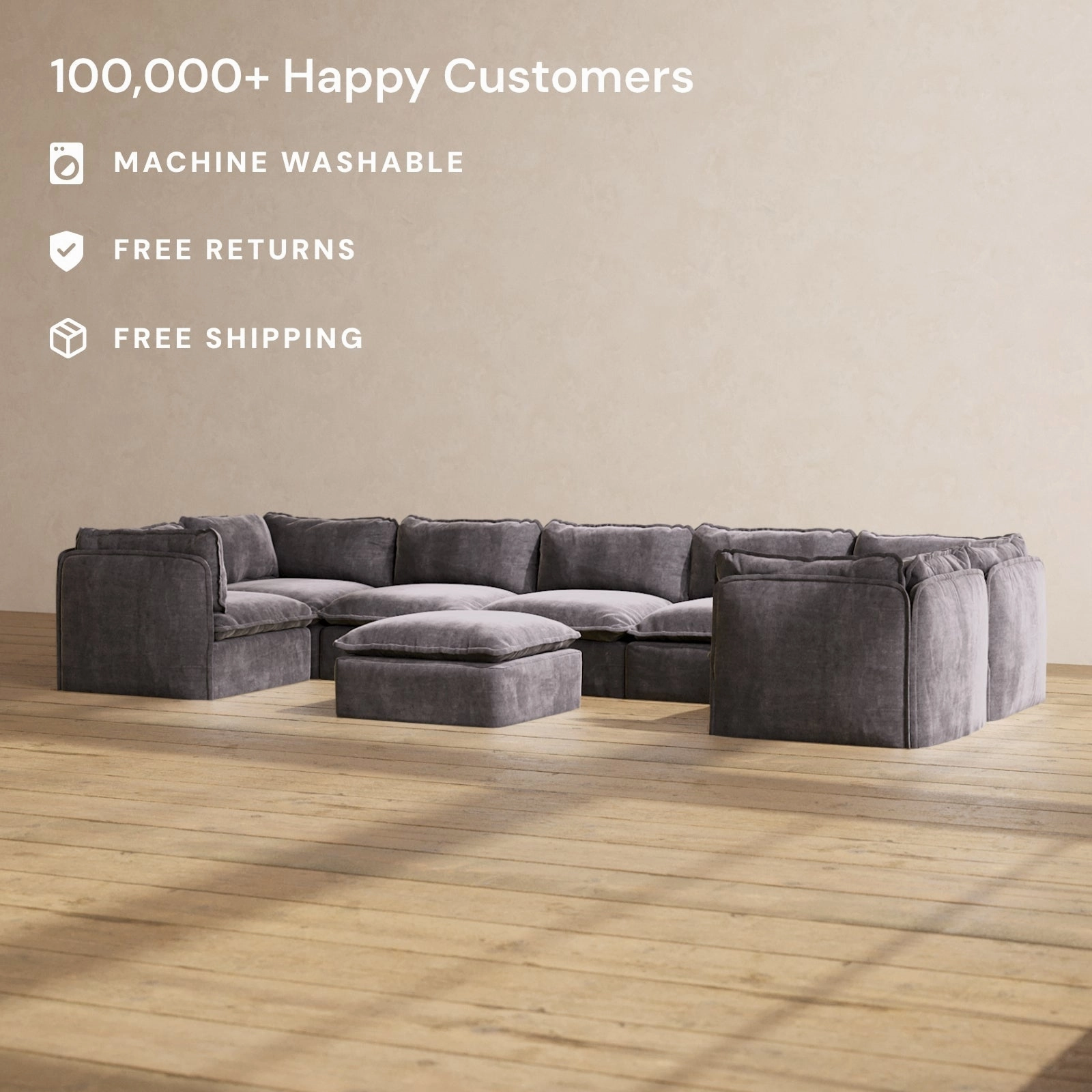 Modular Performance 7-Seater U-Sectional   Ottoman in Cinder | Relaxed Blend