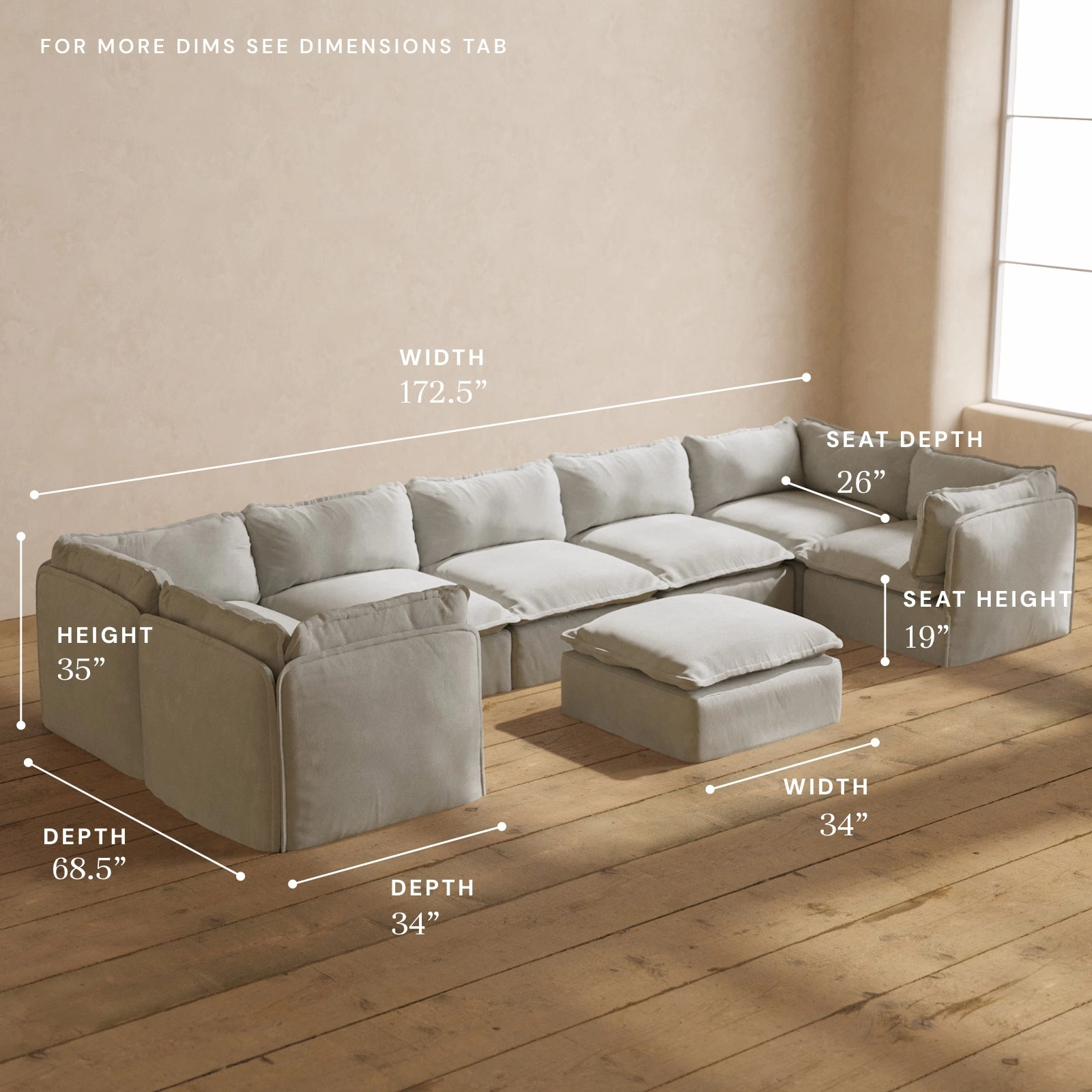 Modular Performance 7-Seater U-Sectional   Ottoman in Cloud | Relaxed Blend