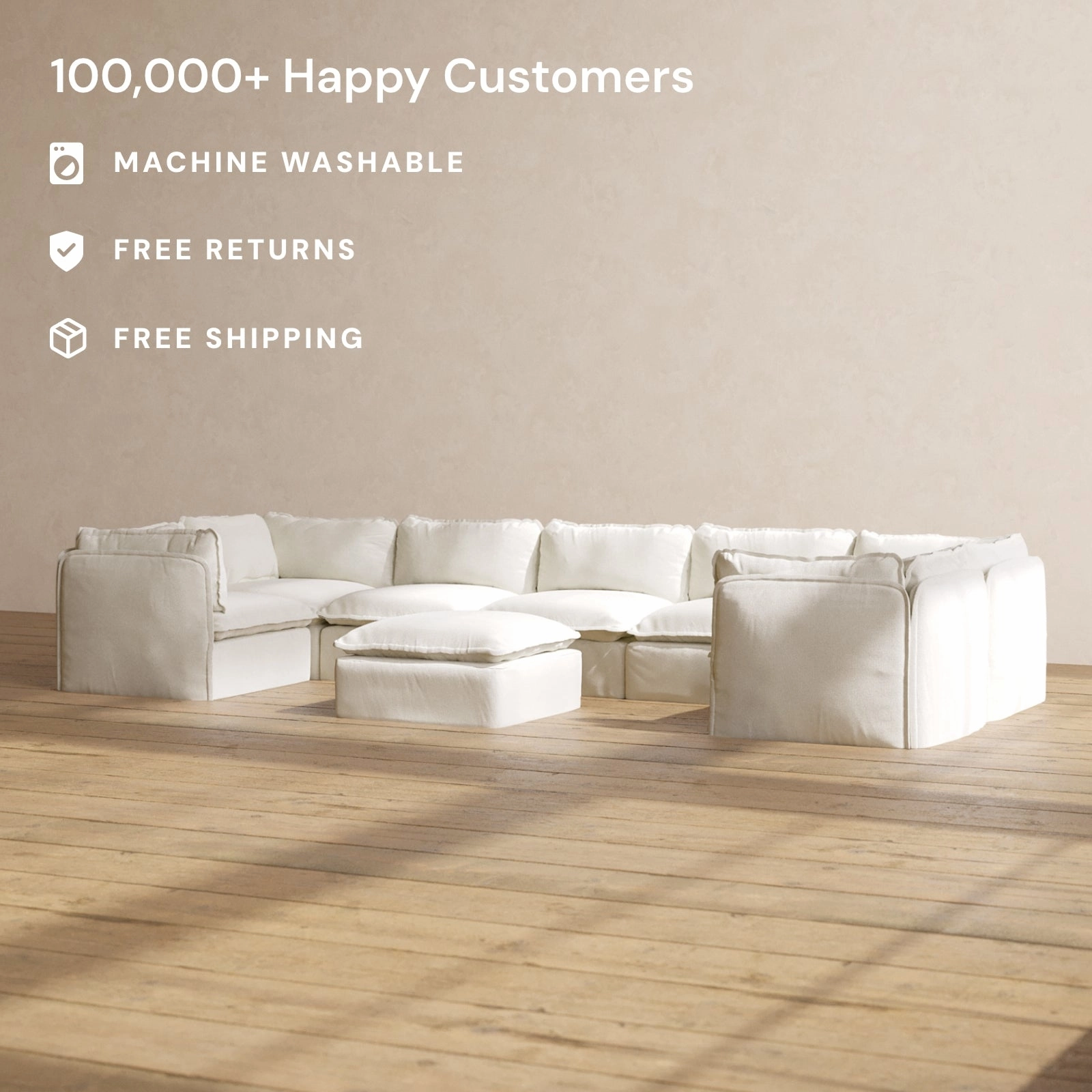 Modular Performance 7-Seater U-Sectional   Ottoman in Eggshell | Relaxed Blend