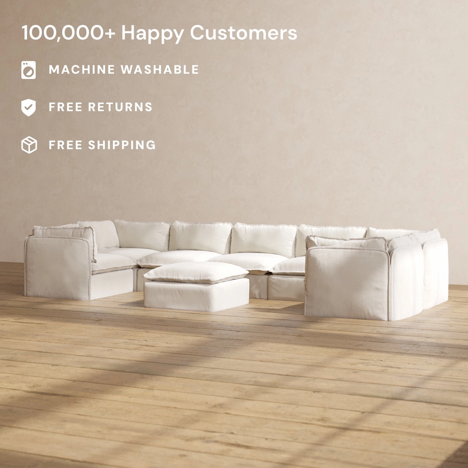 Modular Performance 7-Seater U-Sectional   Ottoman in Flour | Deluxe Blend