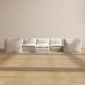 Modular Performance 7-Seater U-Sectional   Ottoman in Flour | Relaxed Blend