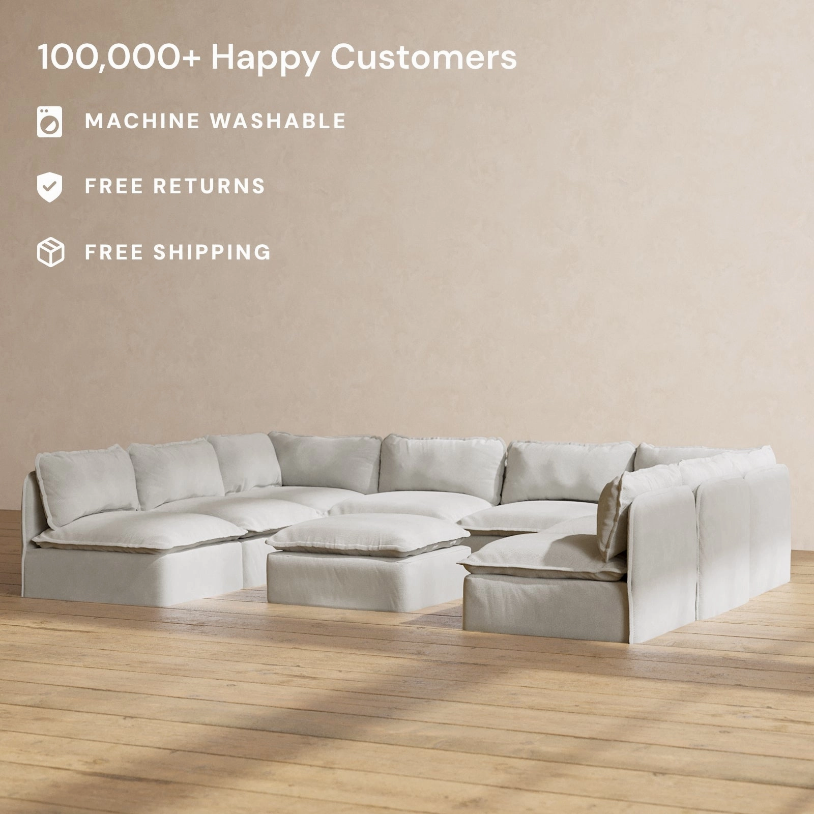 Modular Performance 8-Seater Open-Ends U-Sectional   Ottoman in Cloud | Relaxed Blend