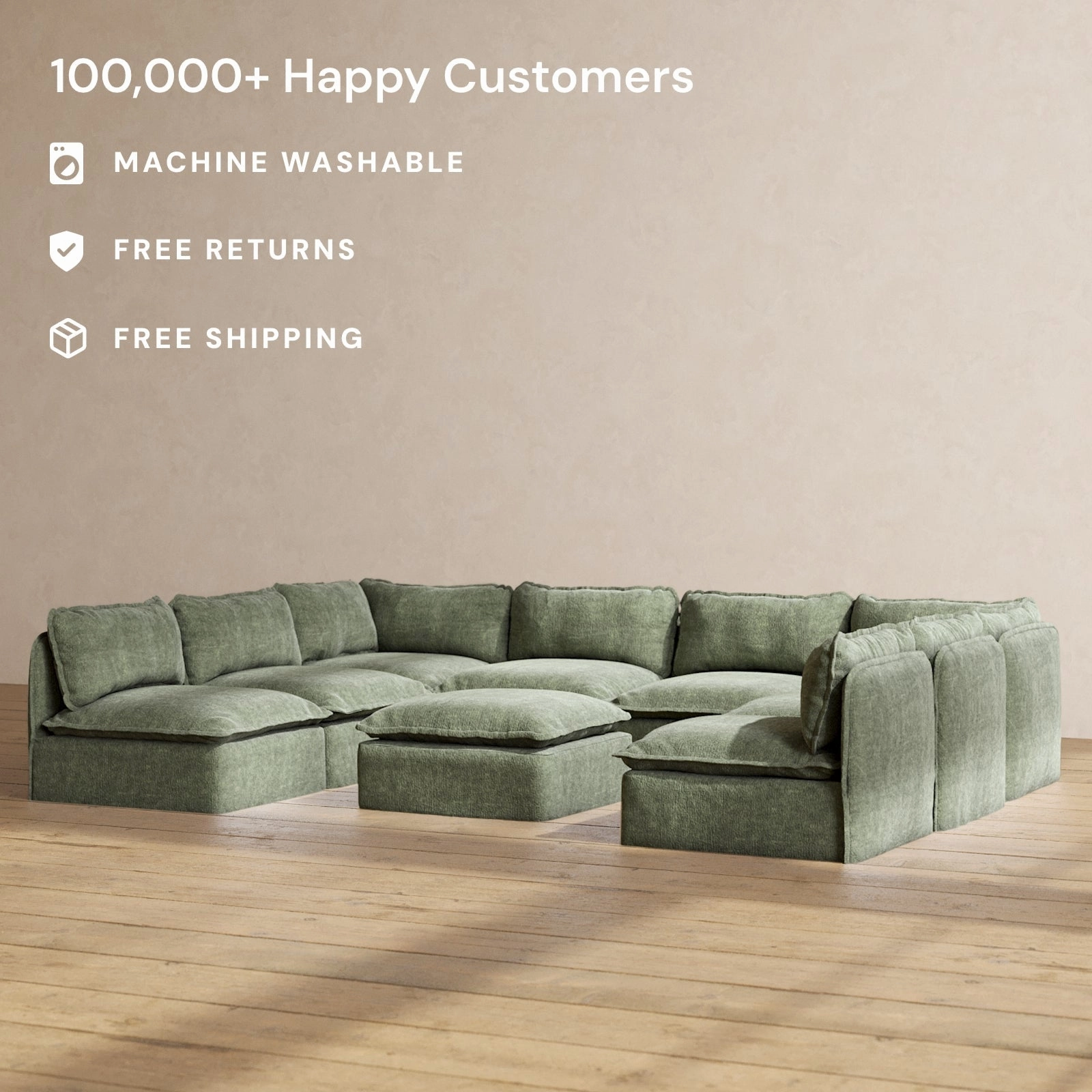 Modular Performance 8-Seater Open-Ends U-Sectional   Ottoman in Willow | Relaxed Blend