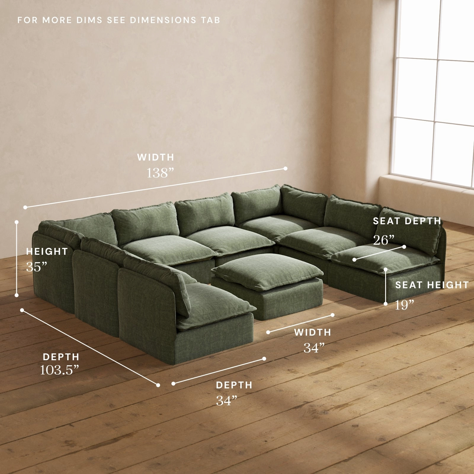 Modular Performance 8-Seater Open-Ends U-Sectional   Ottoman in Willow | Relaxed Blend