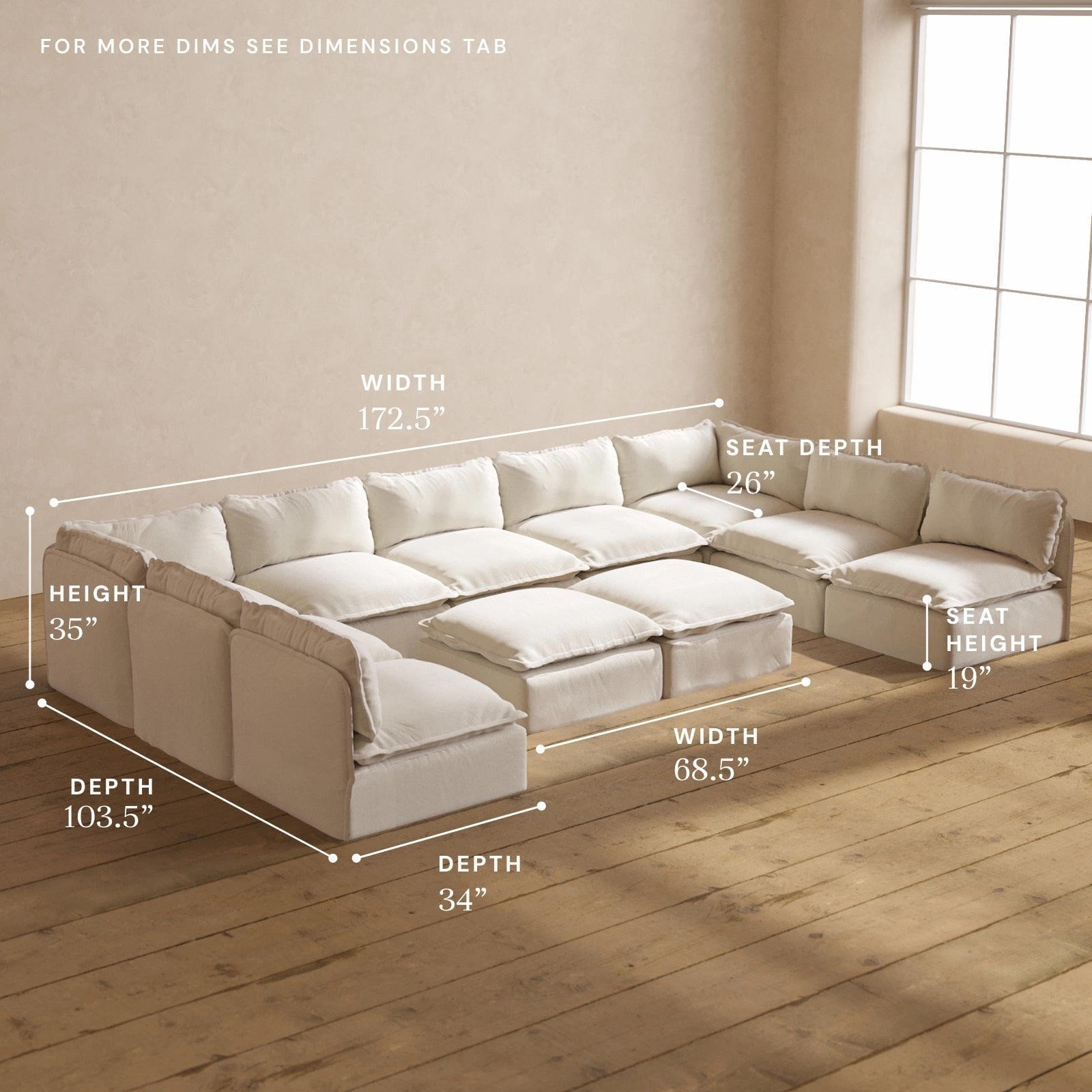 Modular Performance 9-Seater Open-Ends U-Sectional   Bench Ottoman in Flour | Relaxed Blend