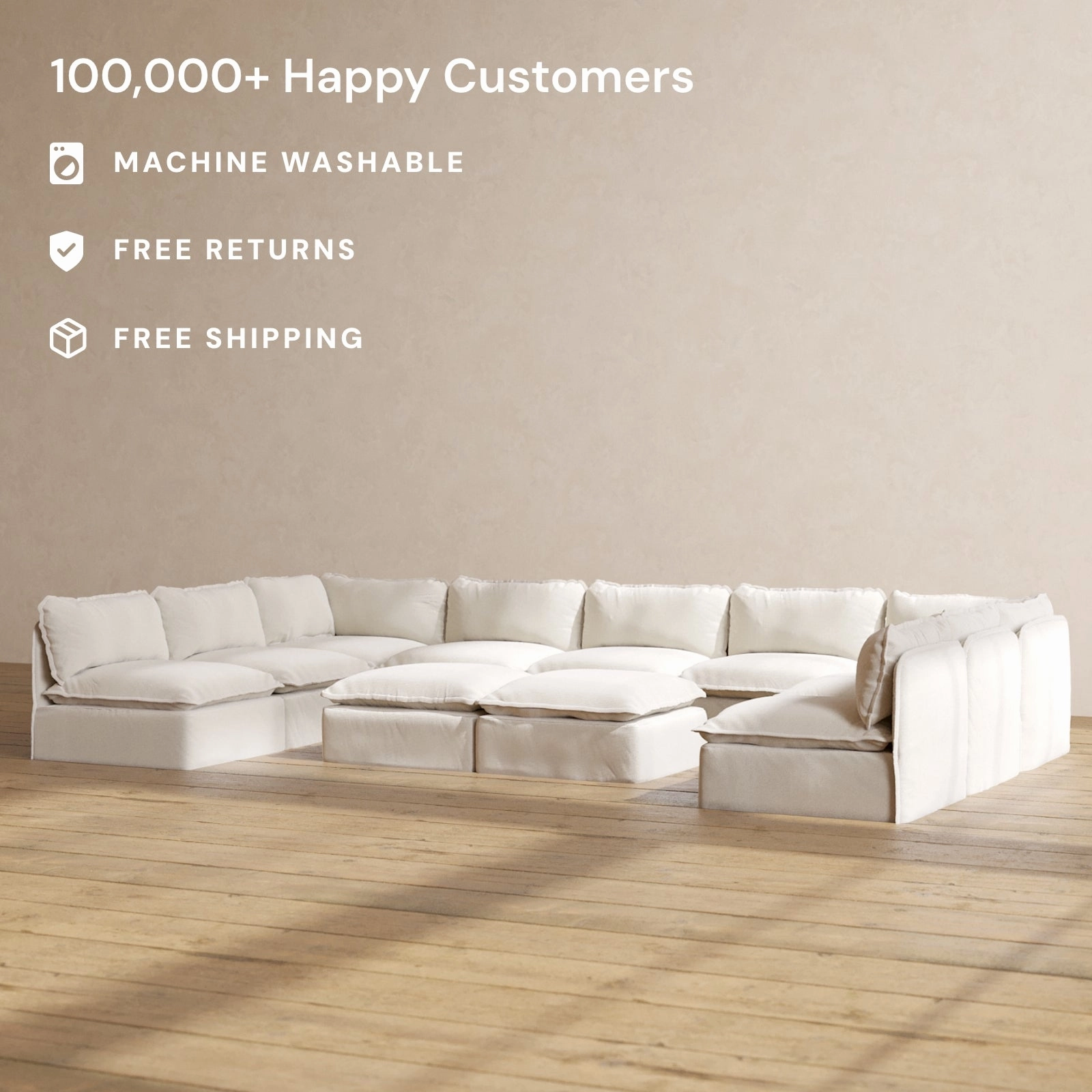 Modular Performance 9-Seater Open-Ends U-Sectional   Bench Ottoman in Flour | Relaxed Blend
