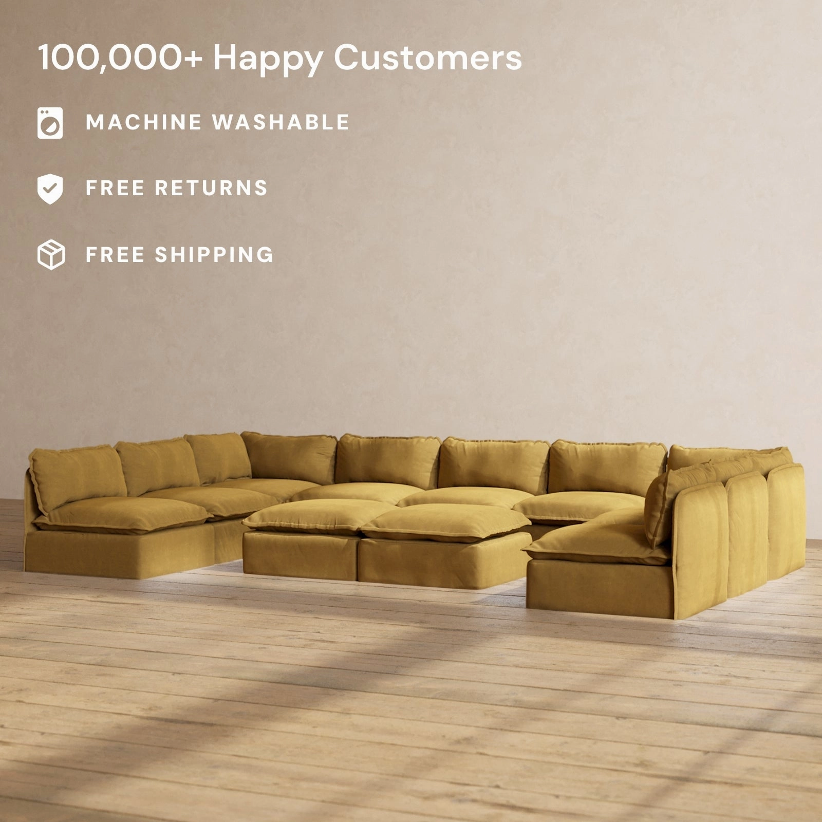 Modular Performance 9-Seater Open-Ends U-Sectional   Bench Ottoman in Toffee | Relaxed Blend