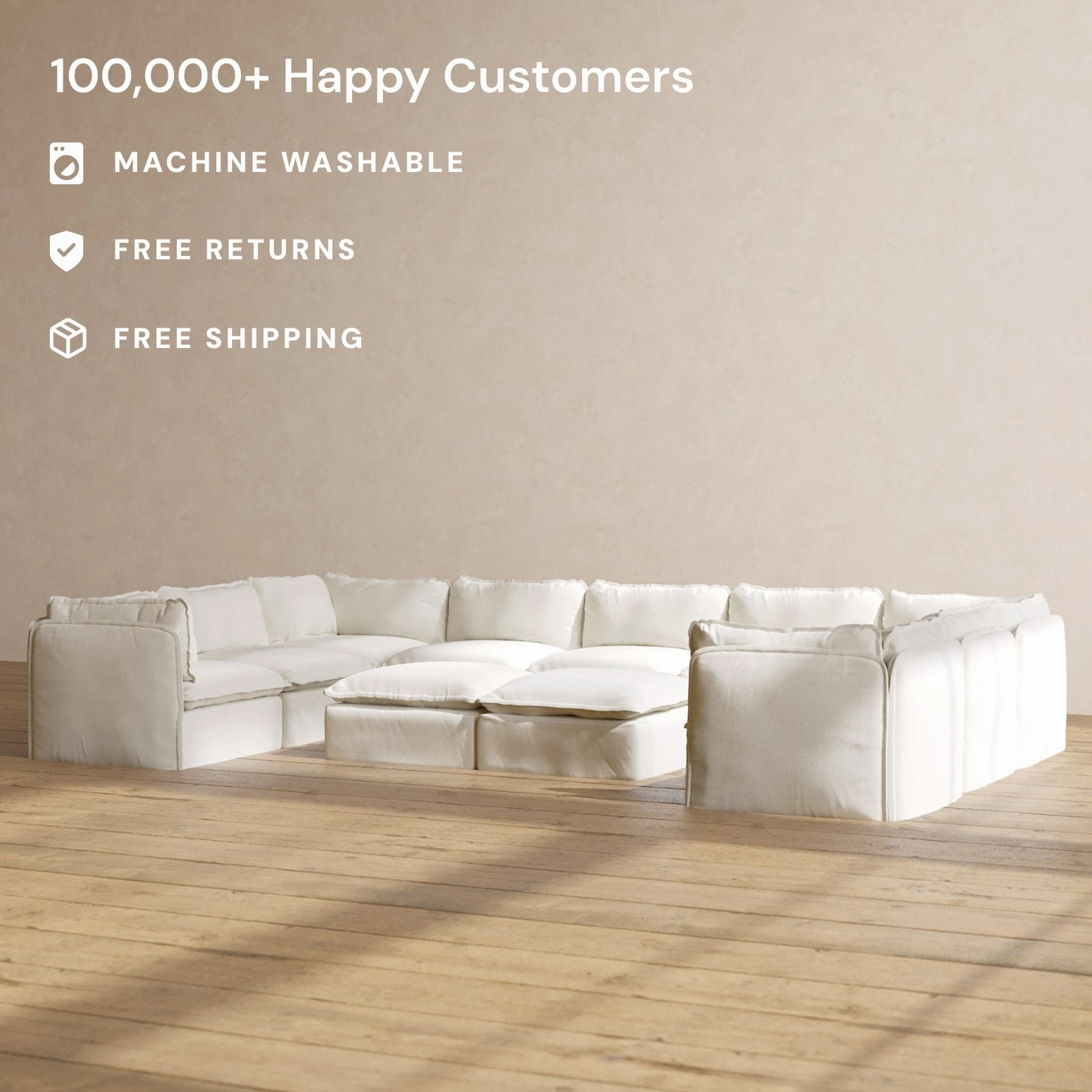 Modular Performance 9-Seater U-Sectional   Bench Ottoman in Eggshell | Relaxed Blend