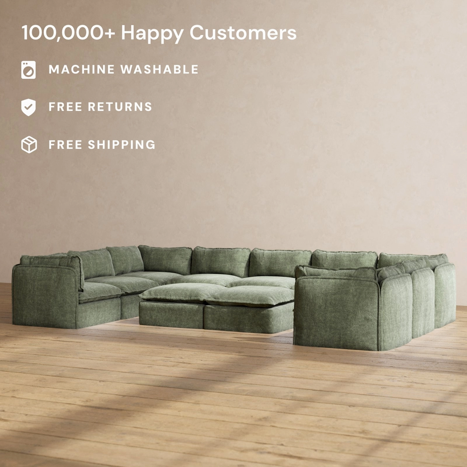 Modular Performance 9-Seater U-Sectional   Bench Ottoman in Willow | Relaxed Blend