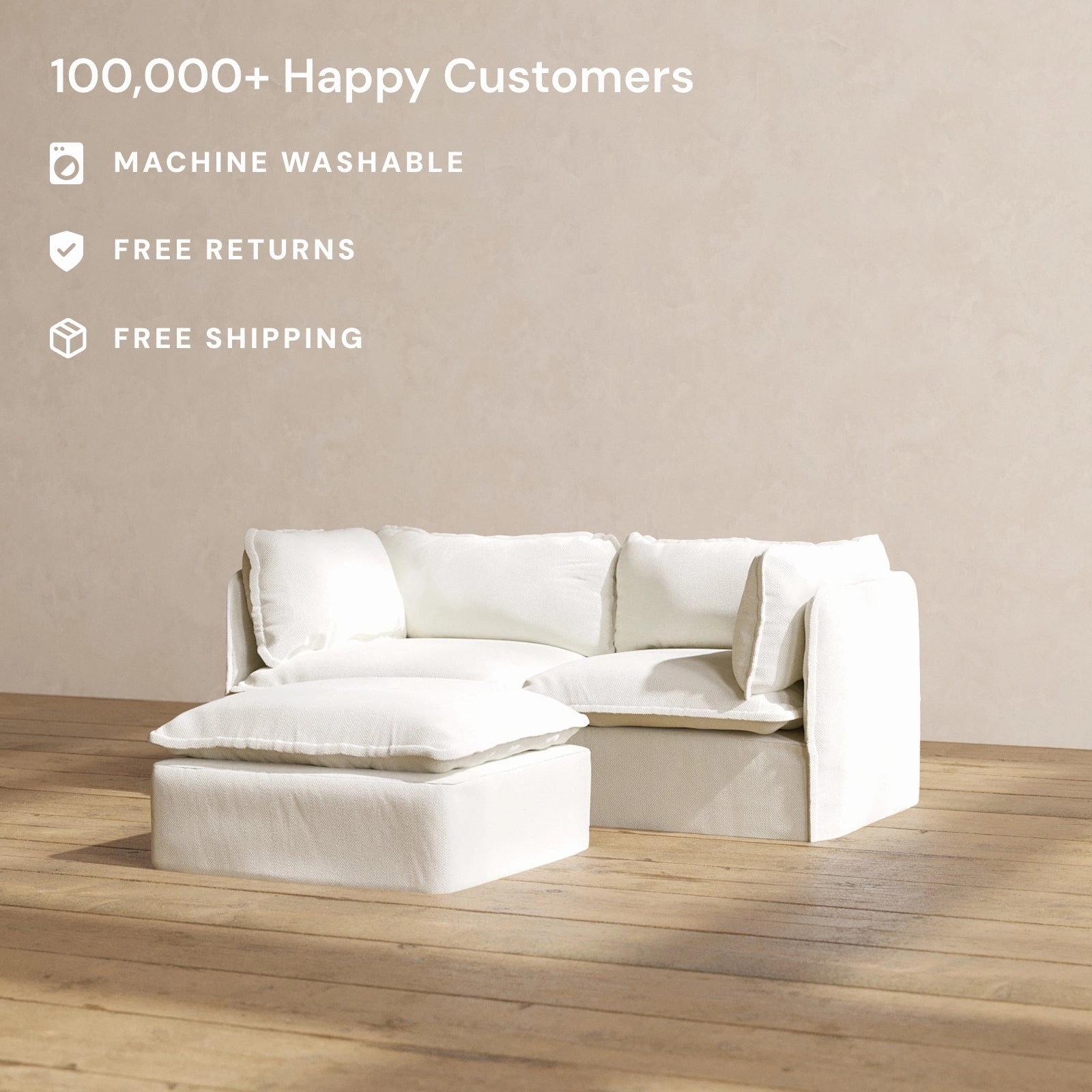 Modular Washable 2-Seater   Ottoman in Eggshell | Deluxe  Seat | Cloud Pillow