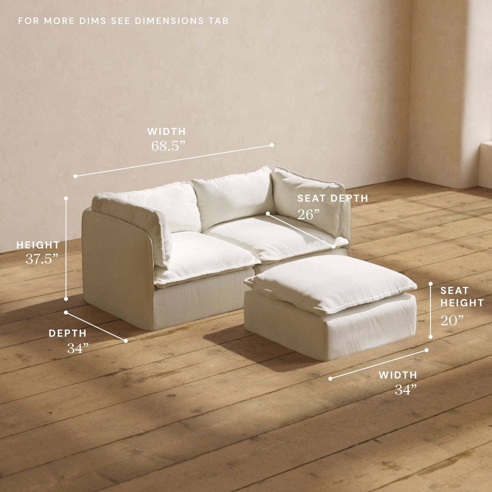 Modular Washable 2-Seater   Ottoman in Eggshell | Deluxe  Seat | Cloud Pillow