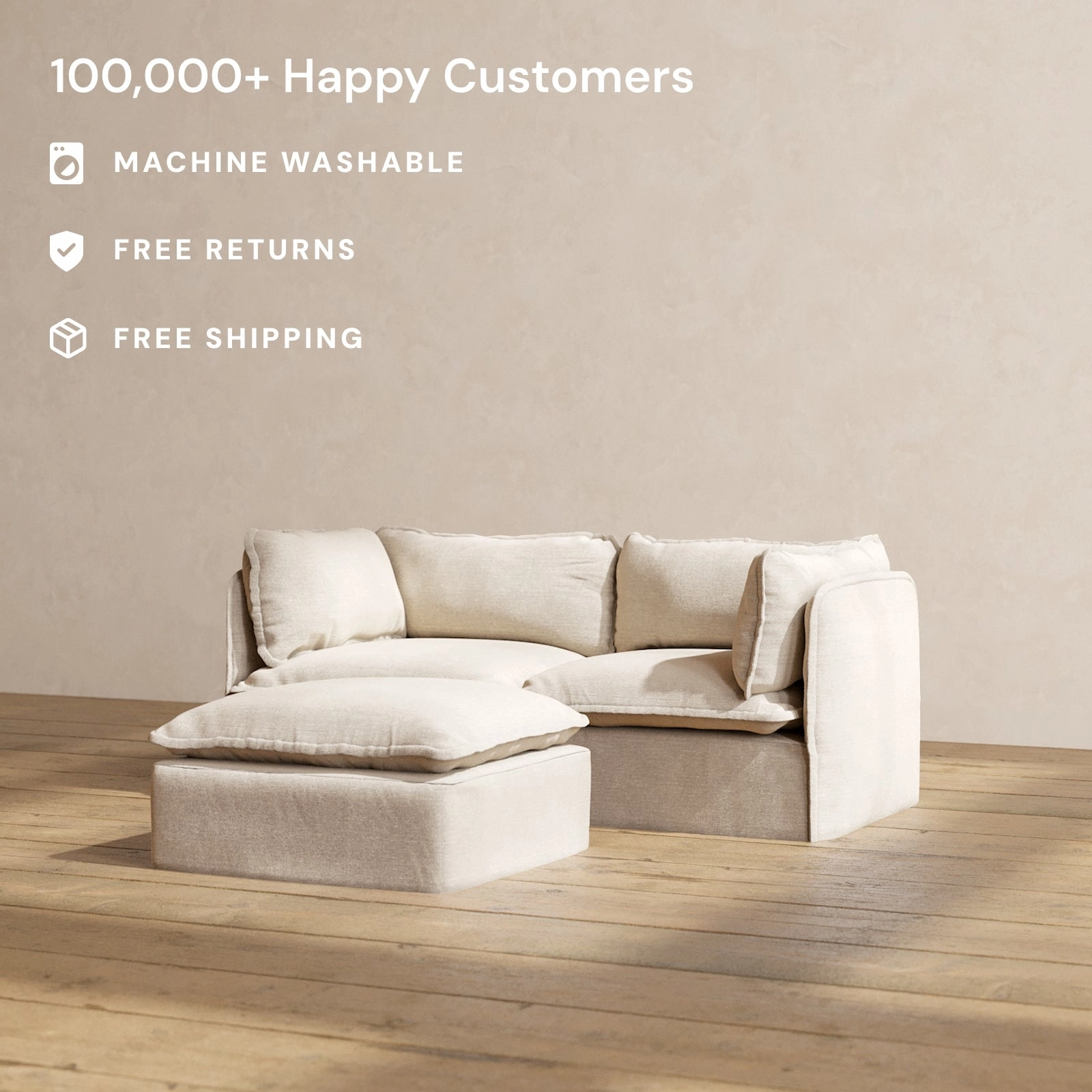 Modular Washable 2-Seater   Ottoman in Oat | Deluxe  Seat | Cloud Pillow