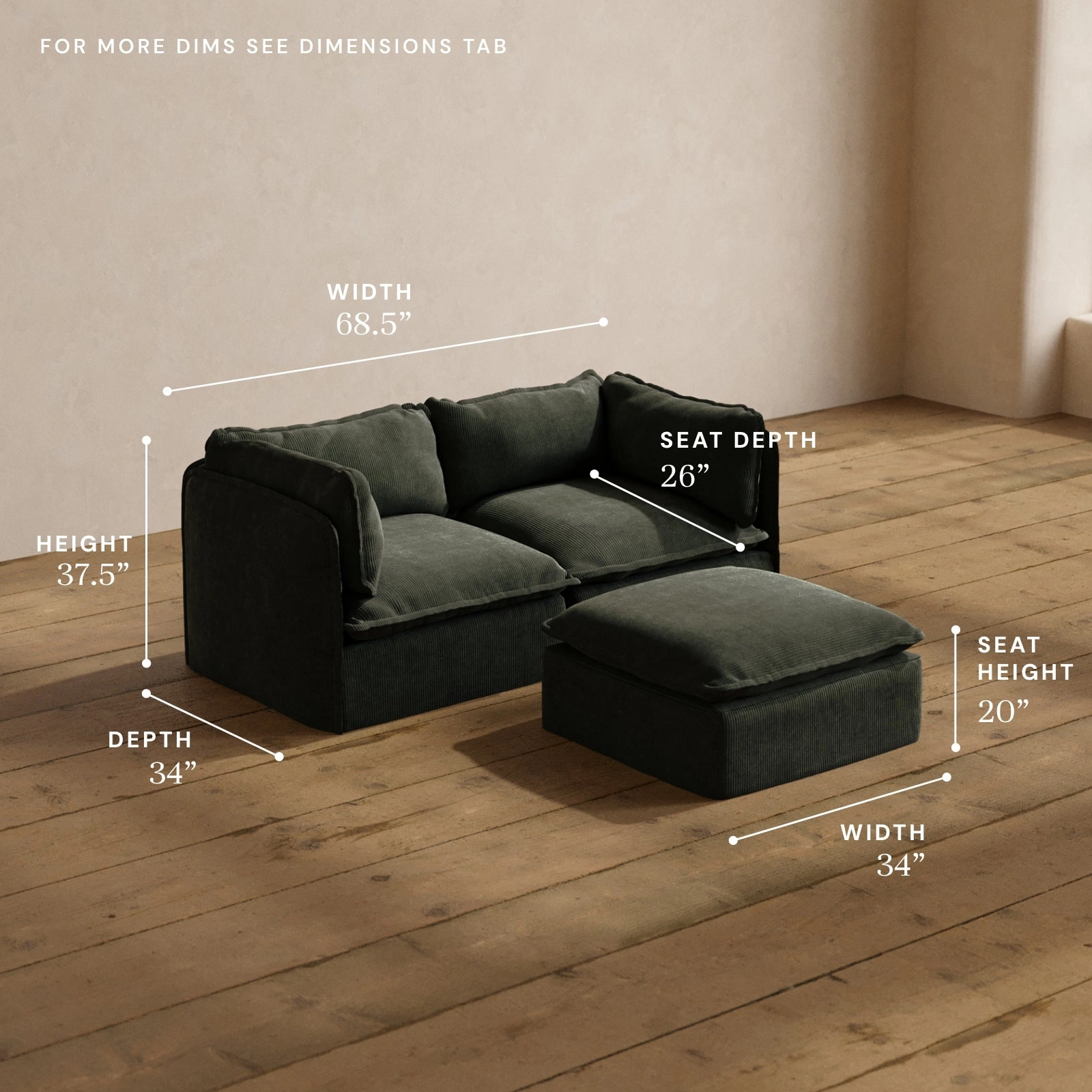 Modular Washable 2-Seater   Ottoman in Olivine | Deluxe  Seat | Cloud Pillow