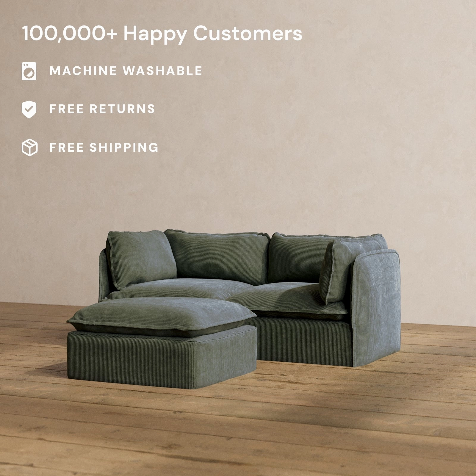 Modular Washable 2-Seater   Ottoman in Olivine | Deluxe  Seat | Cloud Pillow